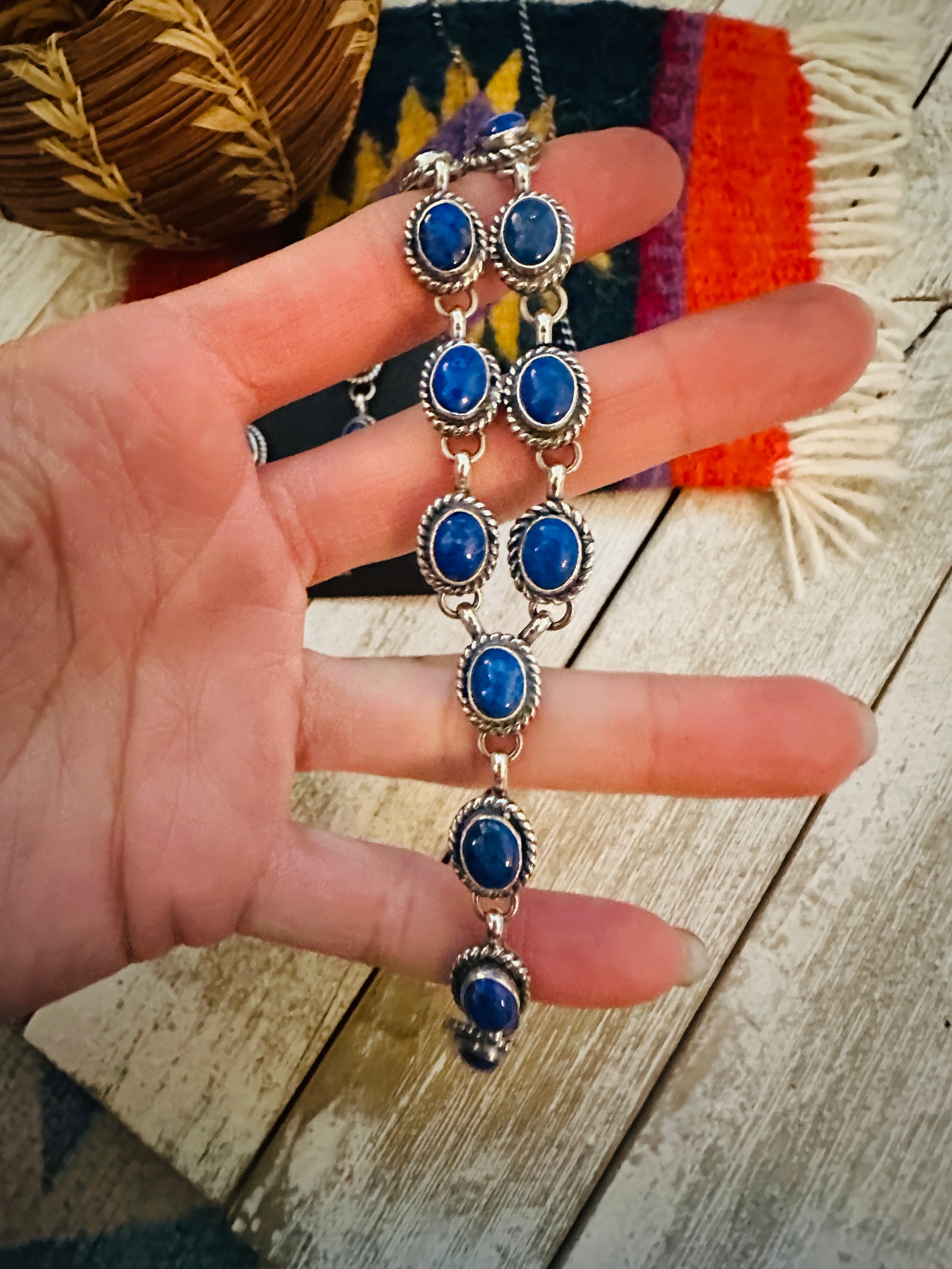 Navajo Sterling Silver & Lapis Lariat Necklace Set