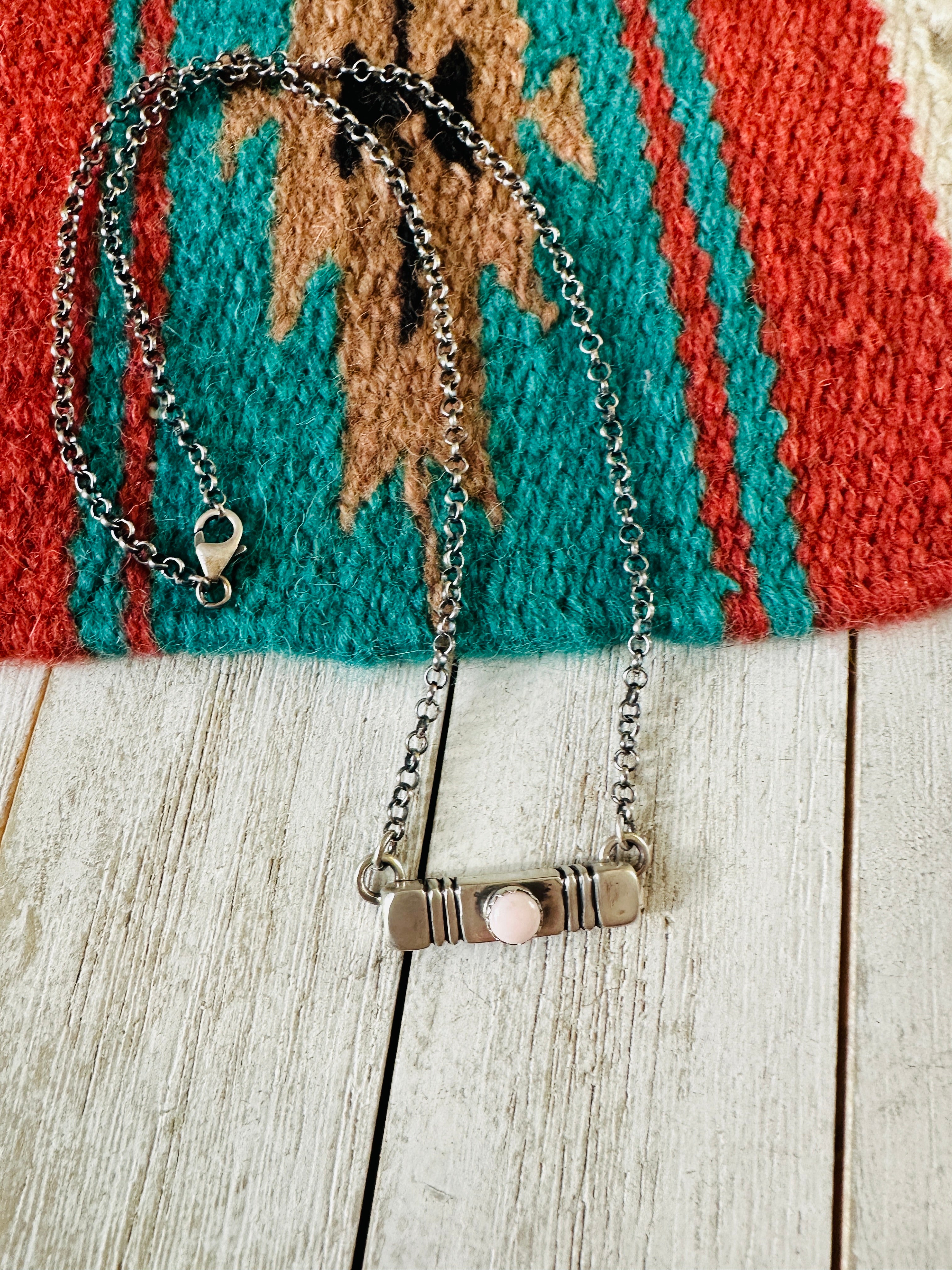 Navajo Sterling Silver & Queen Pink Conch Bar Necklace by Russell Sam