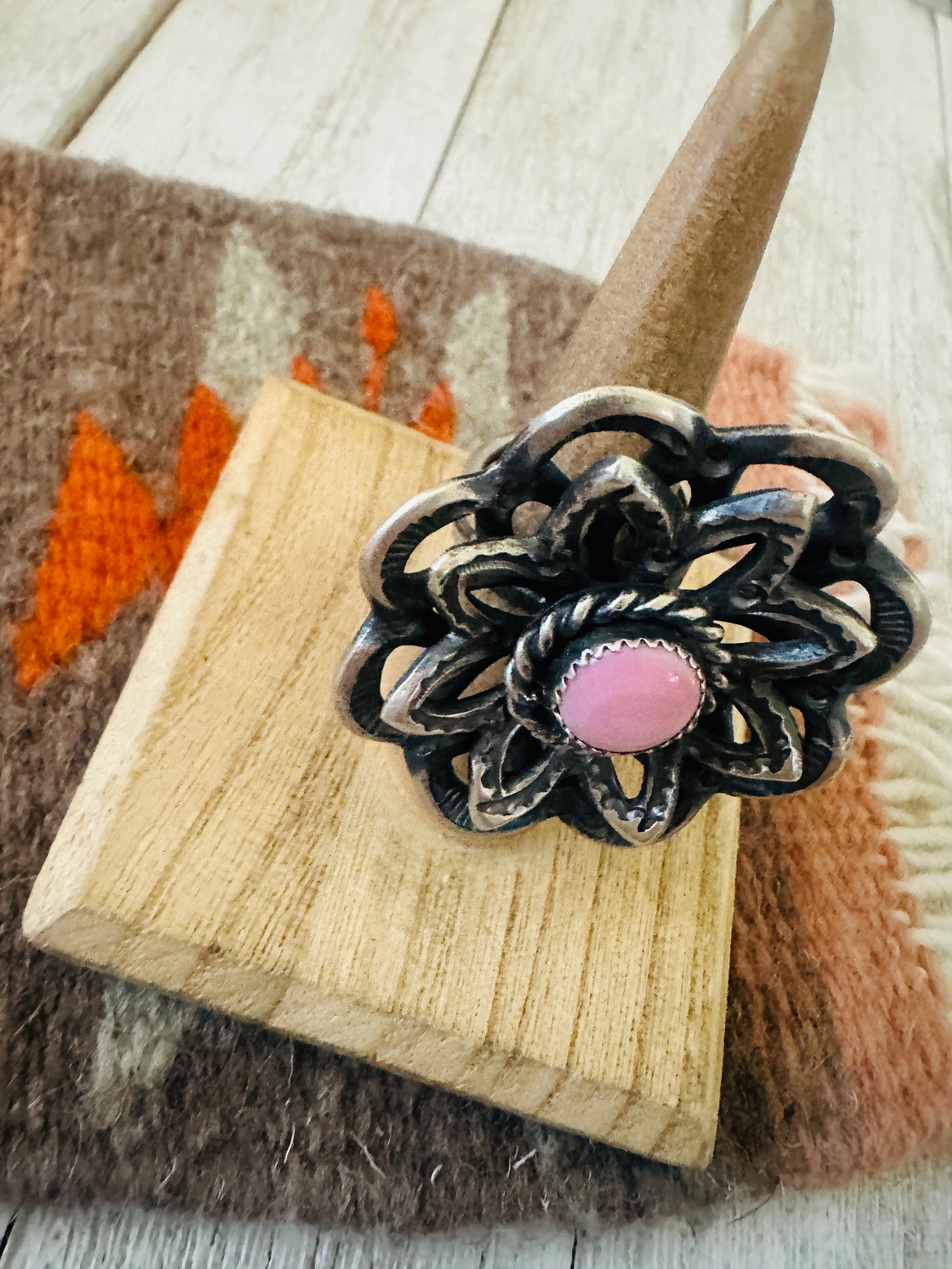Handcrafted Sterling Silver & Queen Pink Conch Shell Adjustable Flower Ring by Kevin Billah
