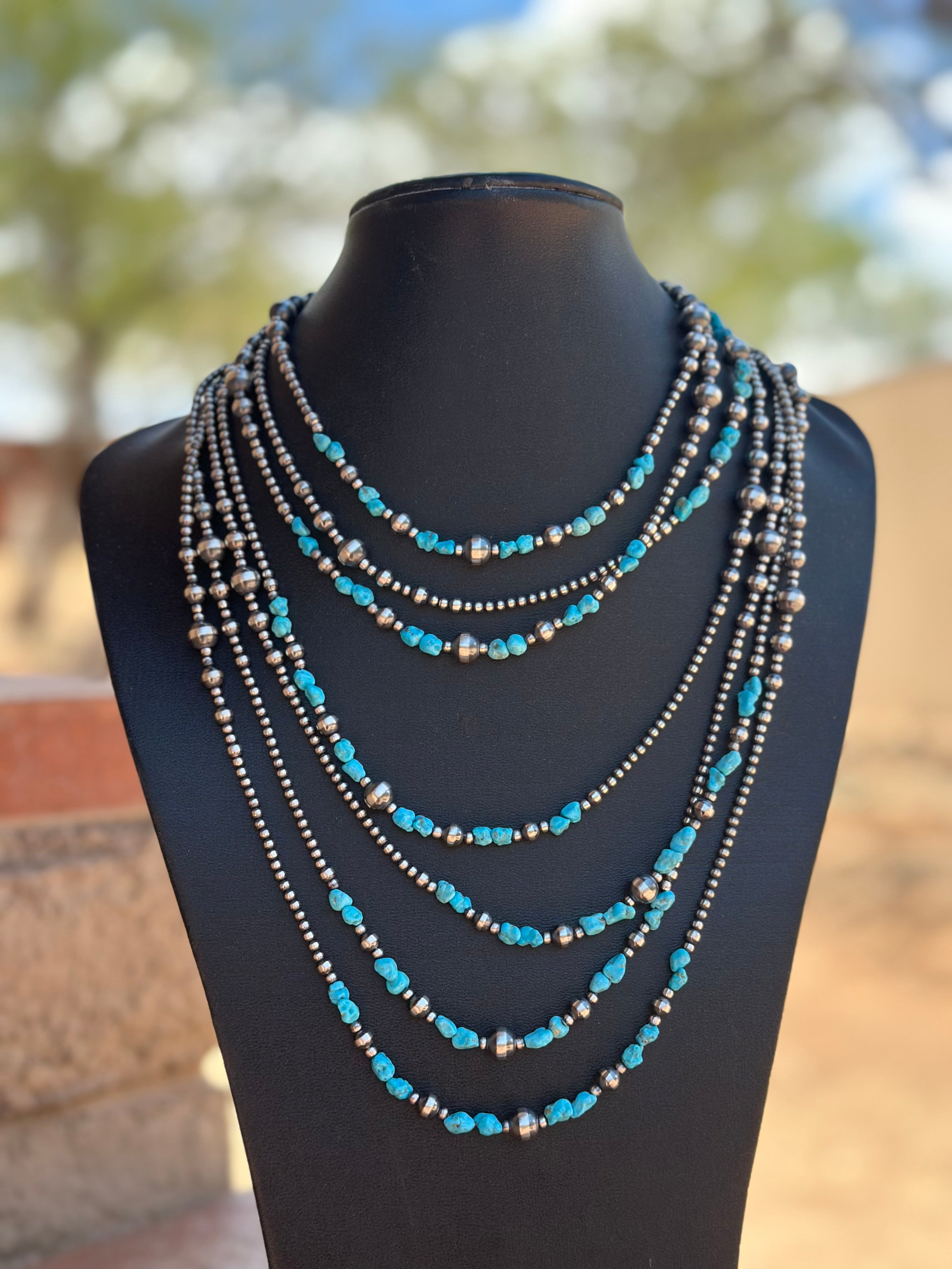 Handcrafted Kingman Dance Turquoise & Sterling Silver 3mm-8mm Beaded Necklace