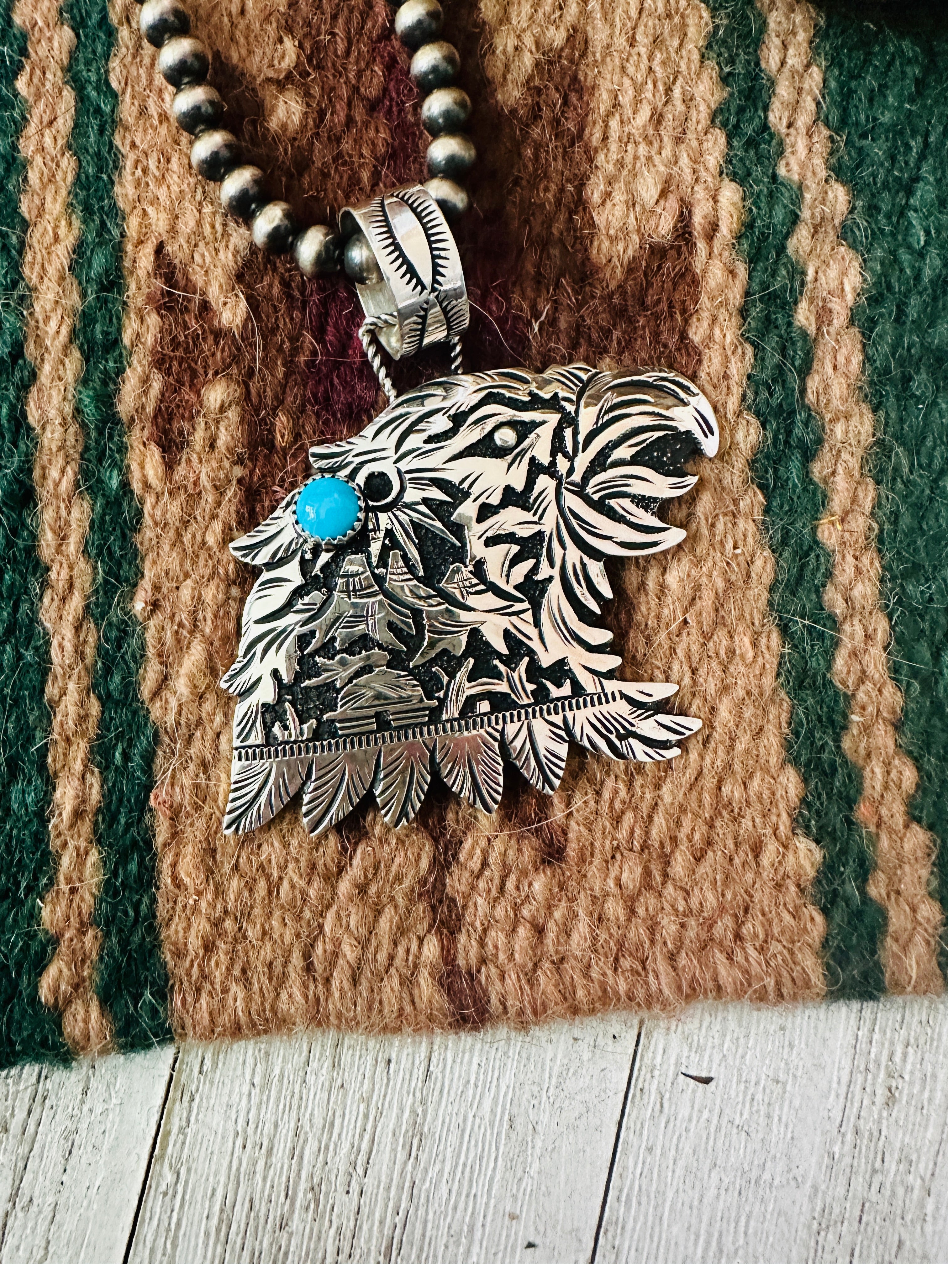 Navajo Turquoise & Sterling Silver Eagle Pendant Signed Richard Singer