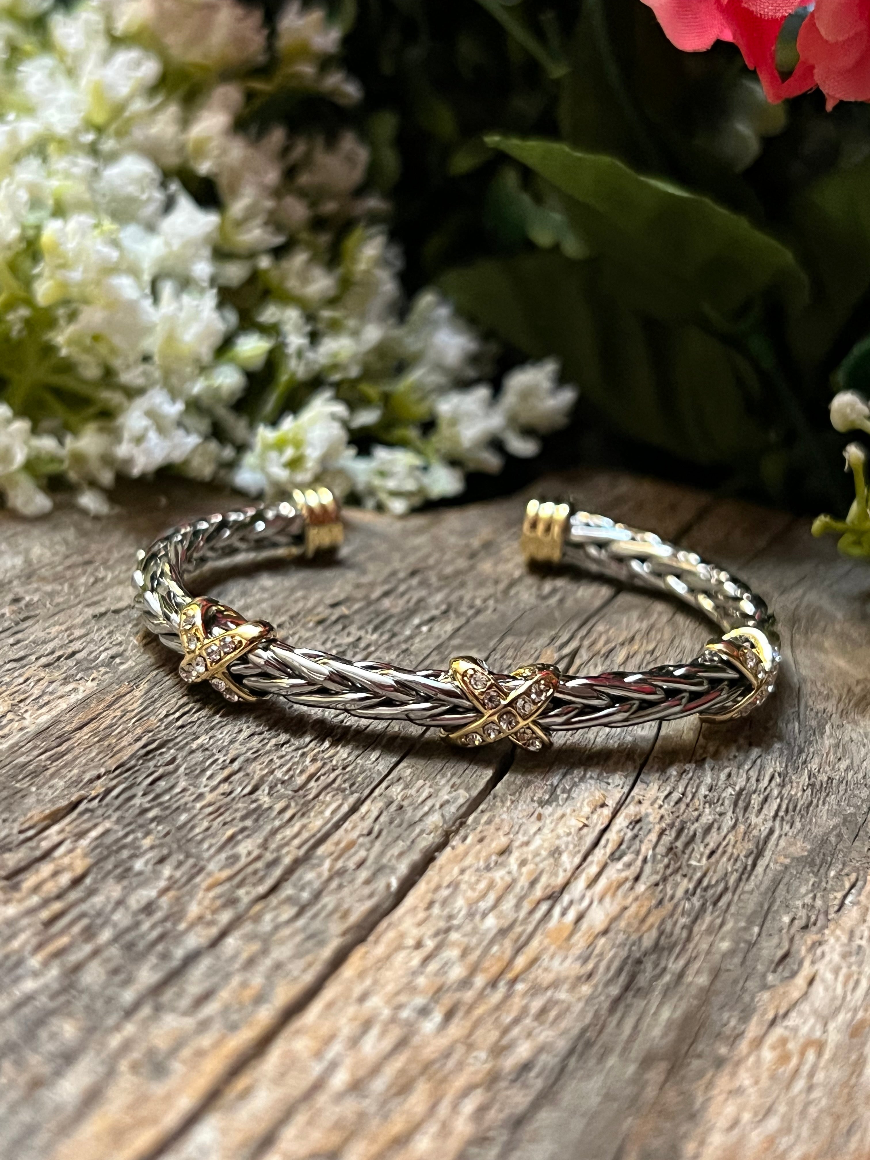 Silver & 14k Gold Plated Two Tone CZ Ponytail “X” Bangle Bracelet