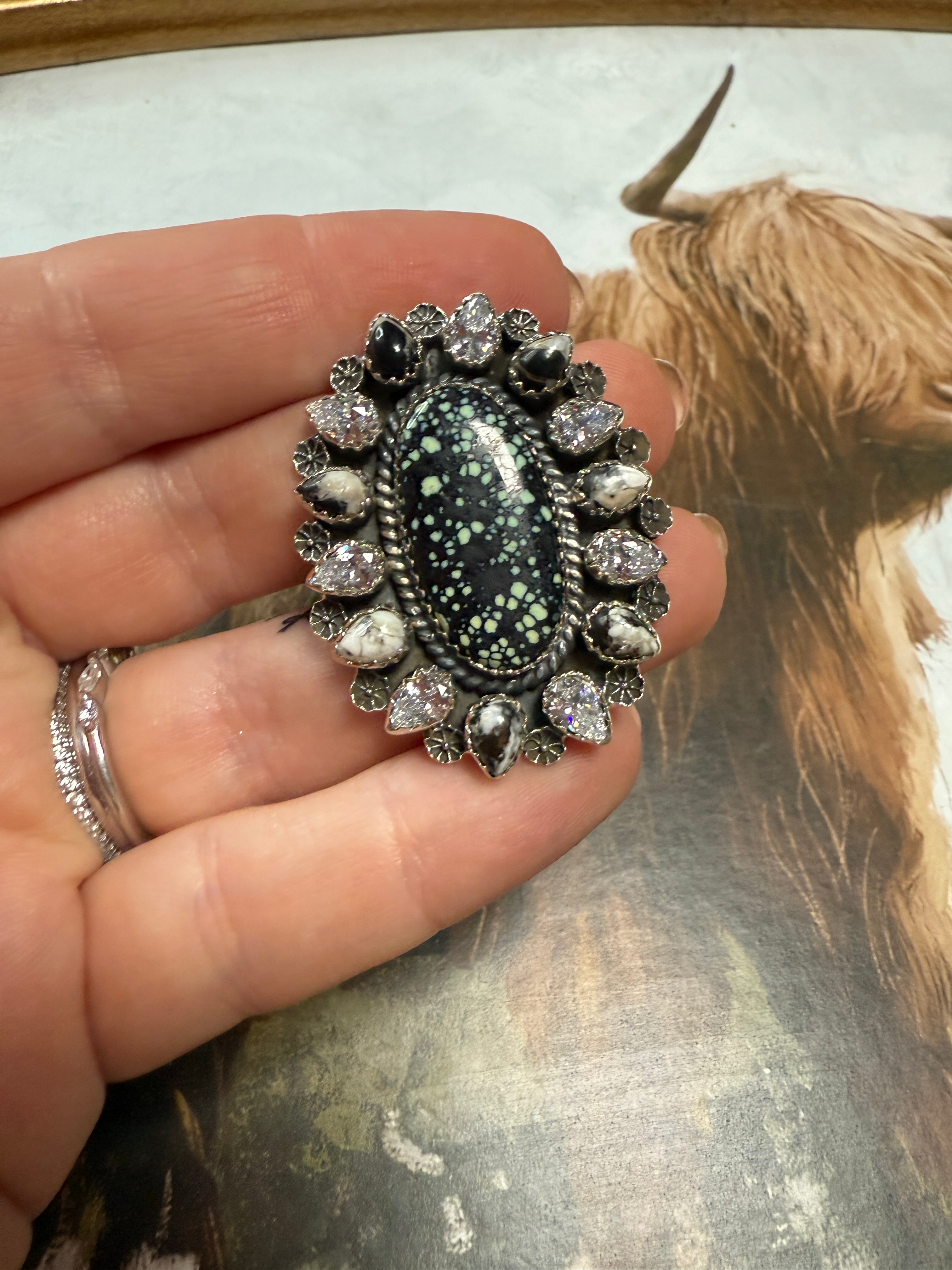 Beautiful Handmade New Lander Turquoise, CZ, White Buffalo And Sterling Silver Adjustable Ring