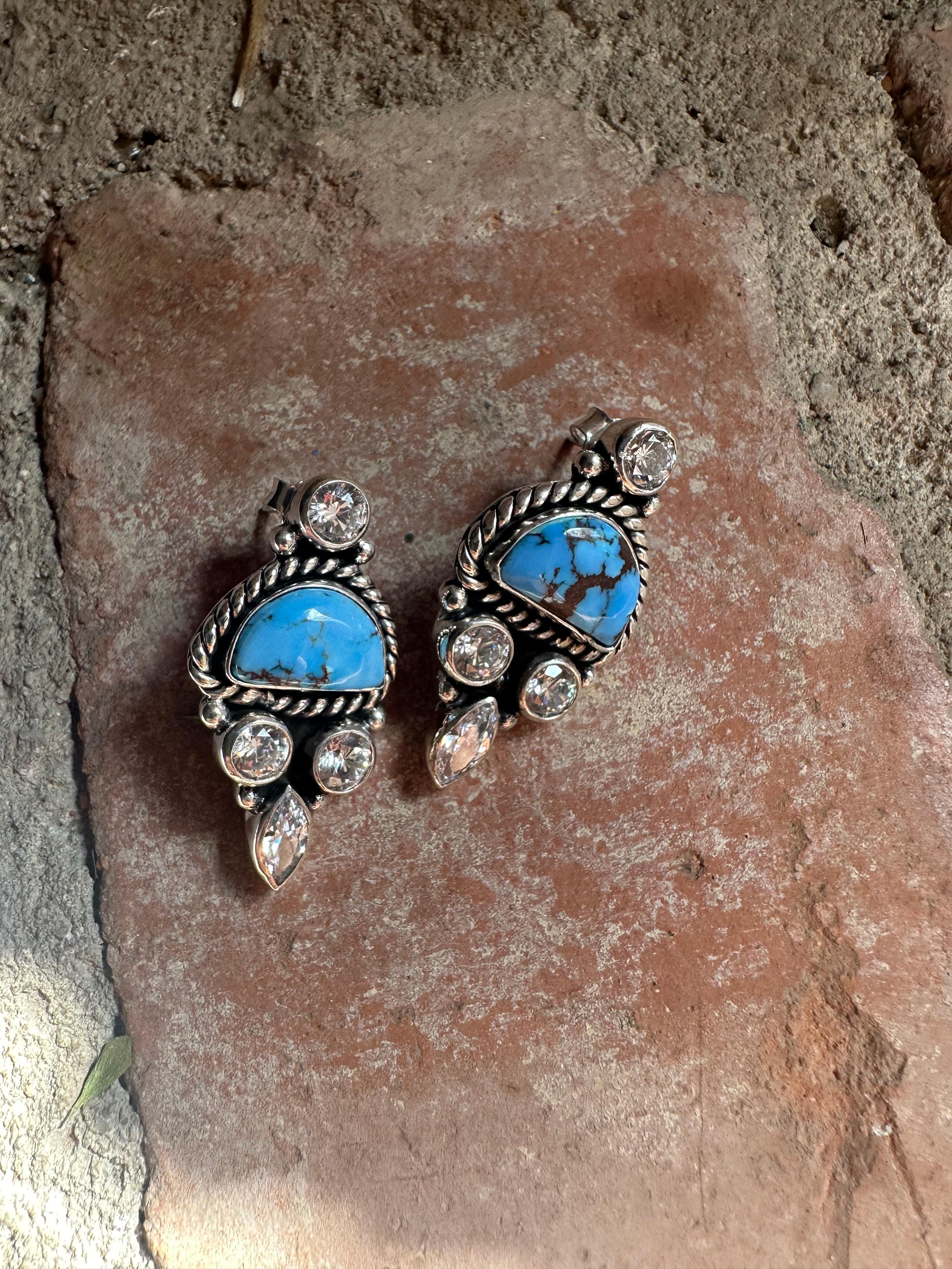 Handmade Golden Hills Turquoise, CZ and Sterling Silver Post Earrings