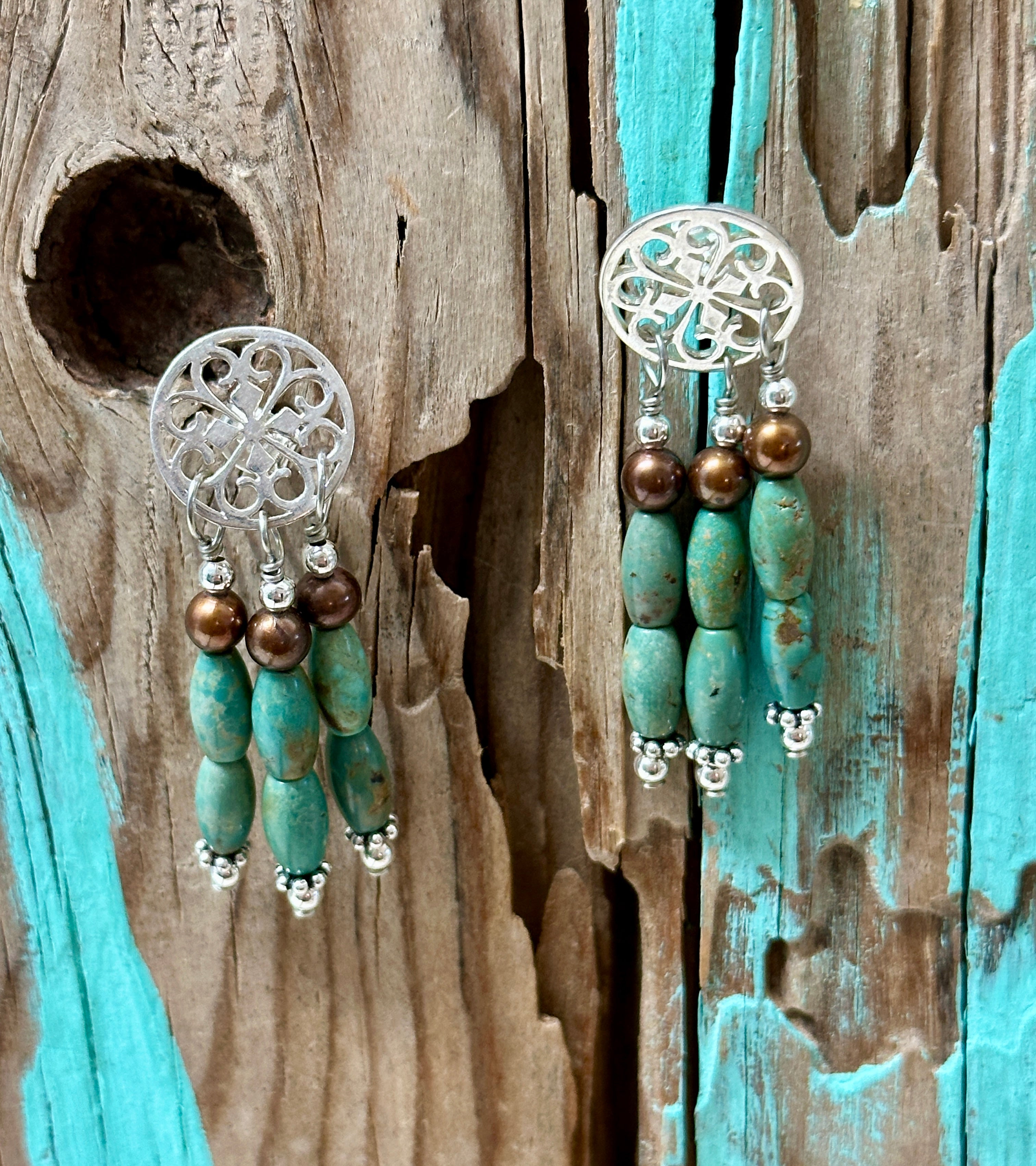 Three Beaded Turquoise Strands Sterling Silver Copper Earrings