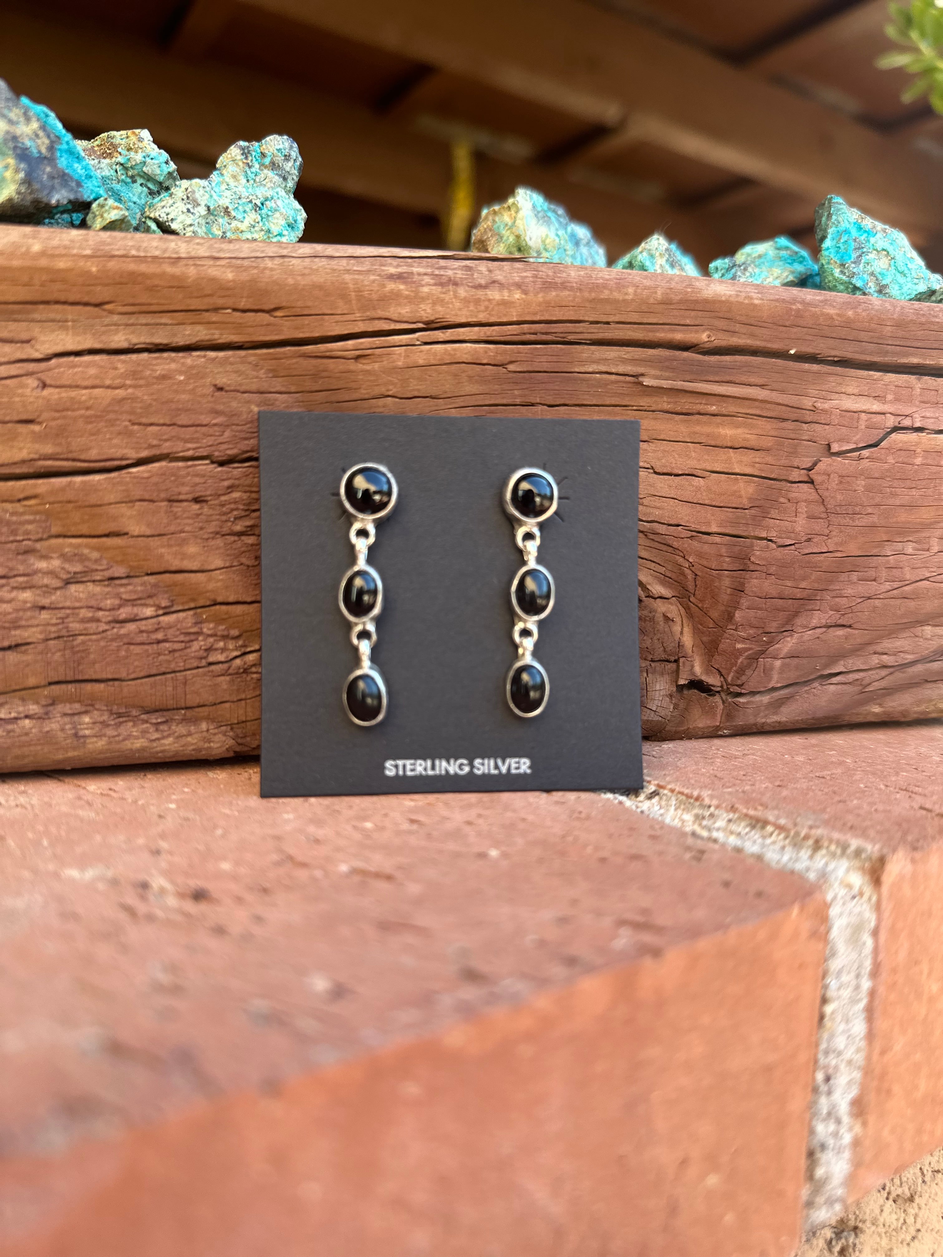 Navajo Made Black Onyx & Sterling Silver 3 Stone Dangle Earrings