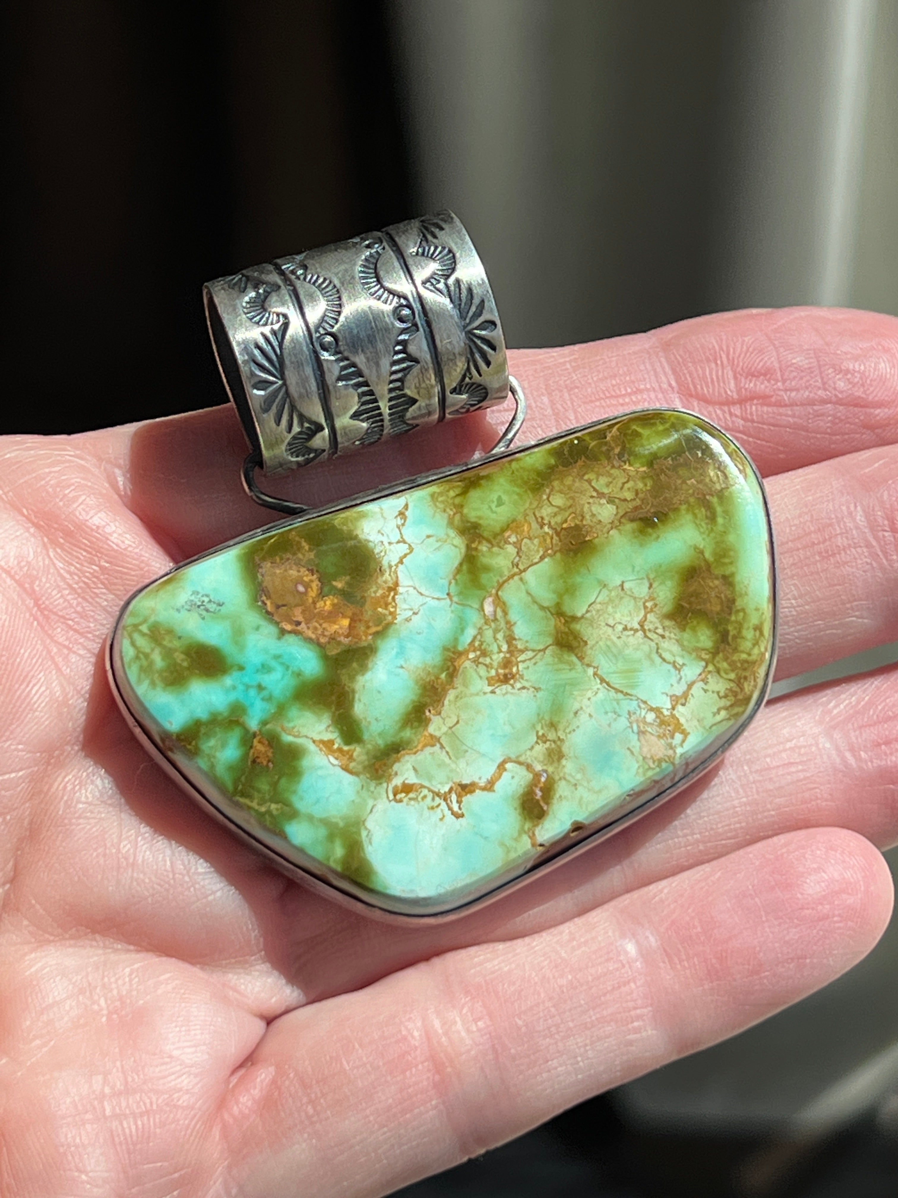 Handcrafted Sterling Silver and Royston Turquoise Solo Pendant by Angela Martin