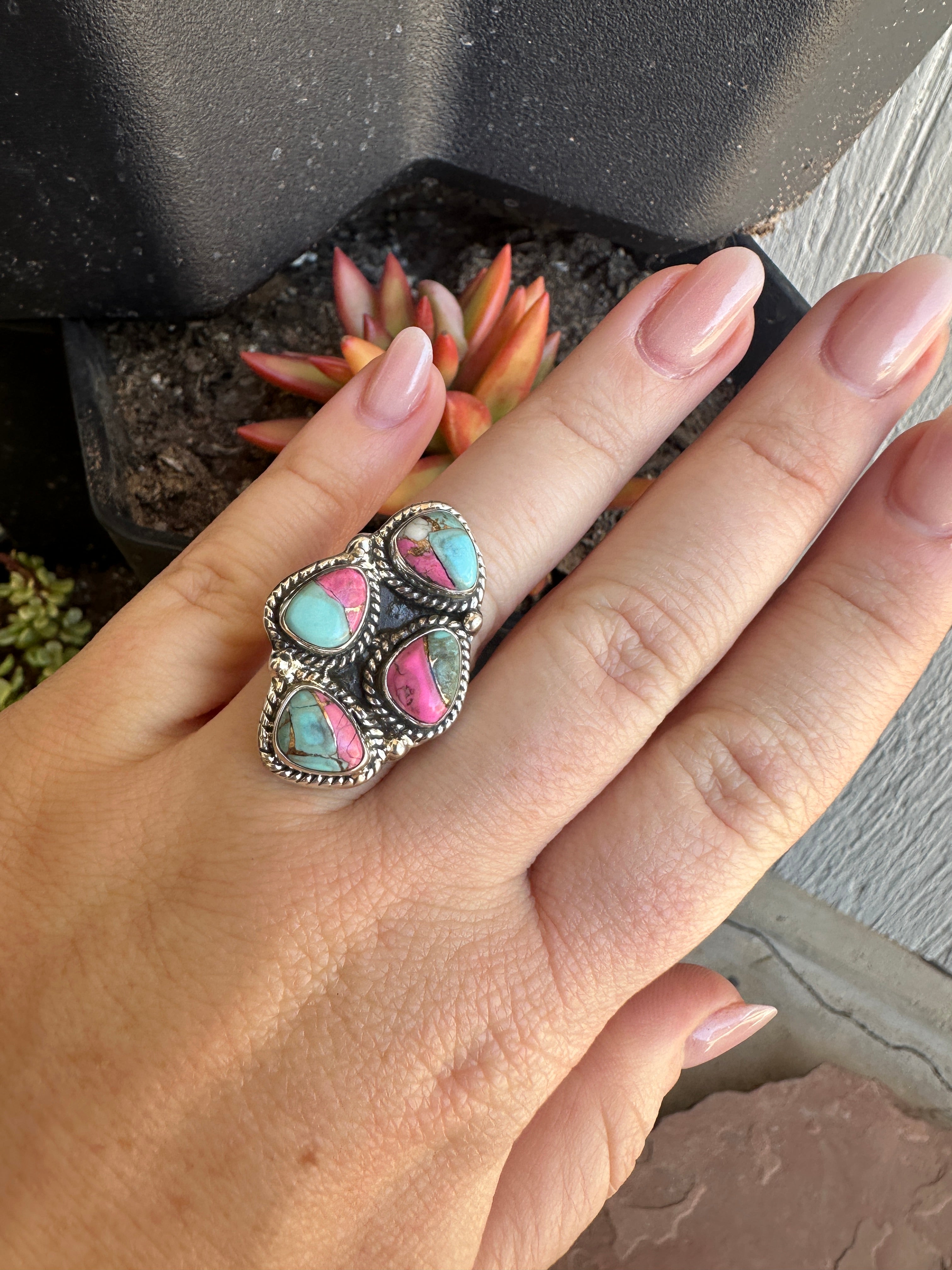 Handmade Cotton Candy Sterling Adjustable Cluster 4 Stone Ring