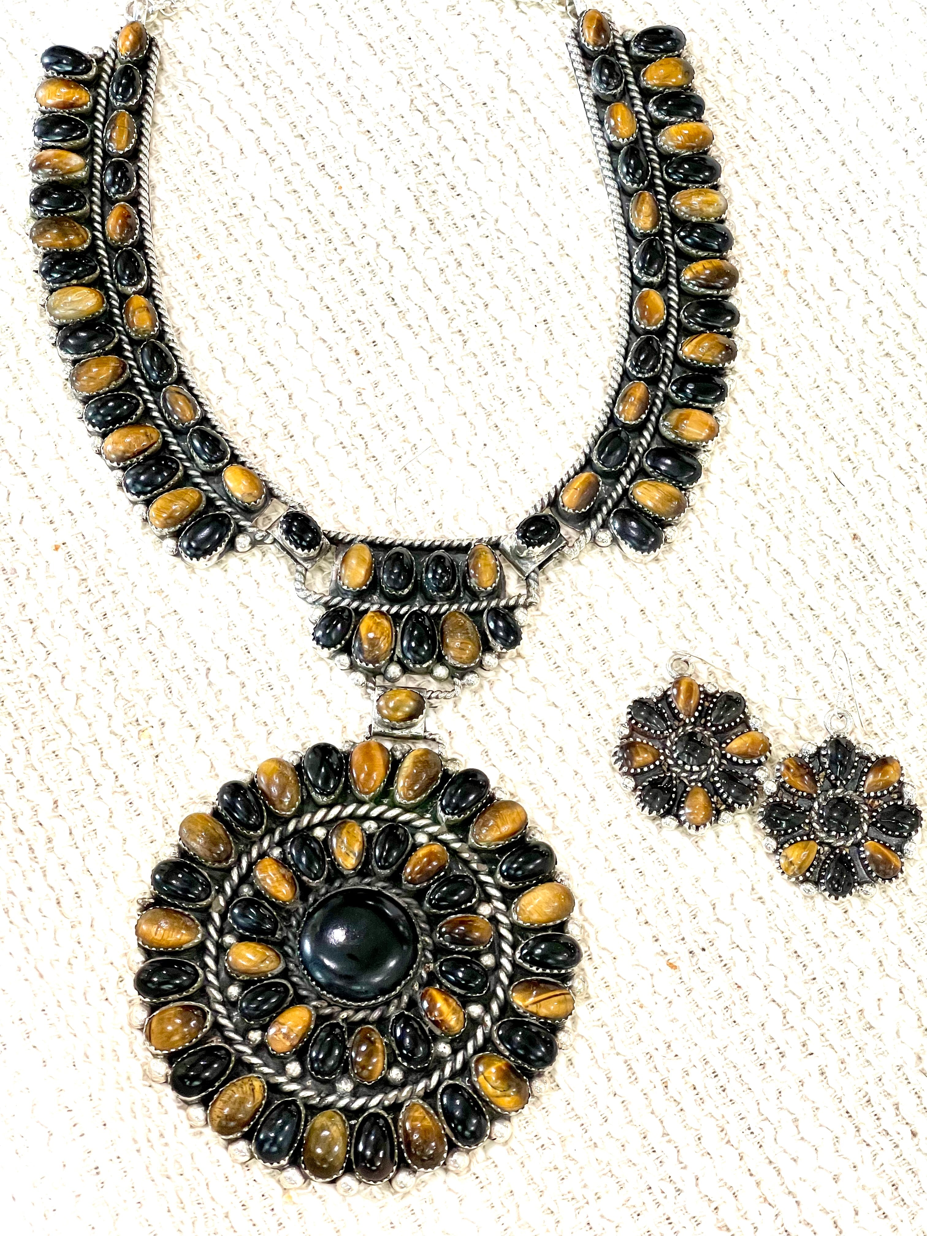 Beautiful Handmade Sterling Silver, Onyx & Tiger’s Eye Cluster Necklace And Earring Set