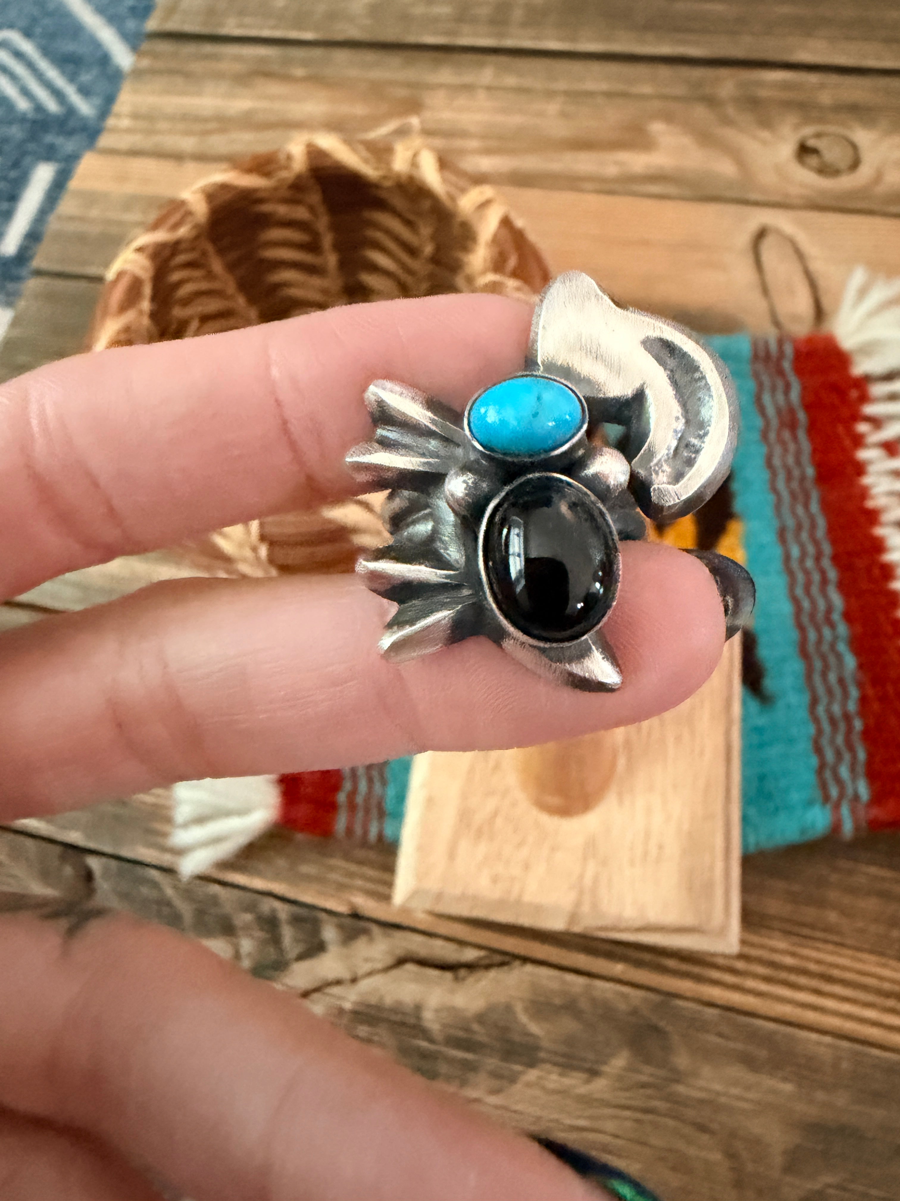 Handcrafted Onyx, Turquoise and Sterling Silver Goat Ring size 7 by Chimney Butte