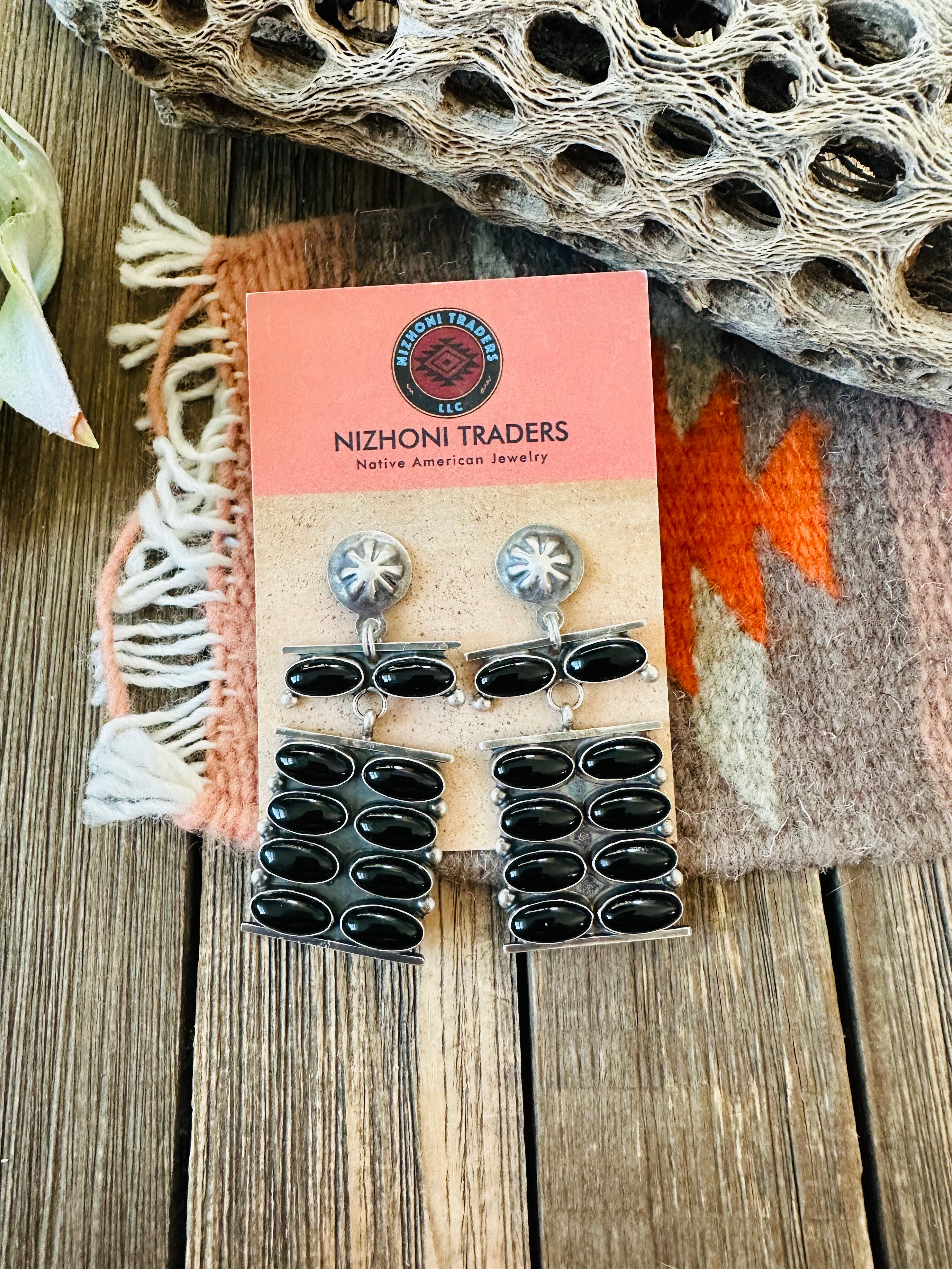 Navajo Onyx & Sterling Silver Dangle Earrings