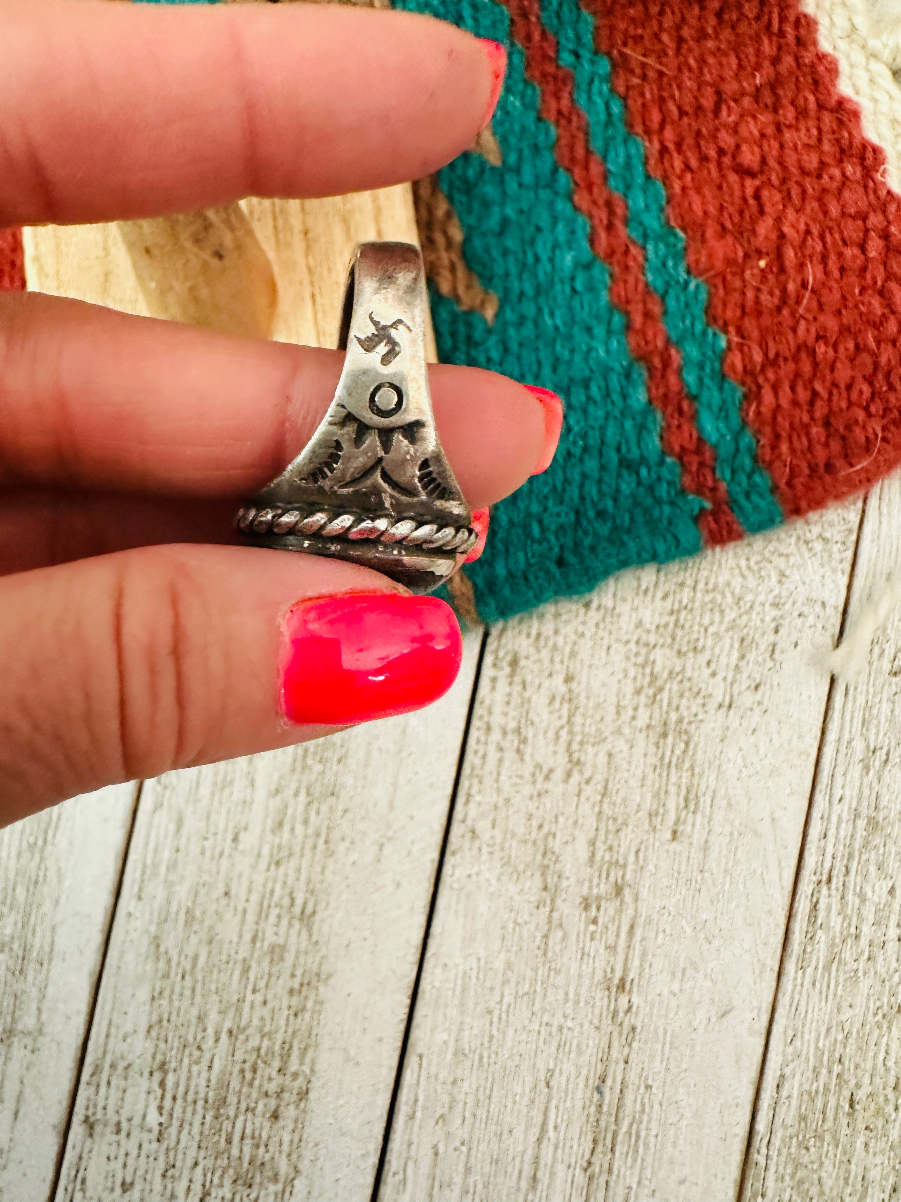 Old Pawn Vintage Navajo Sterling Silver & Turquoise Ring Size 12.5