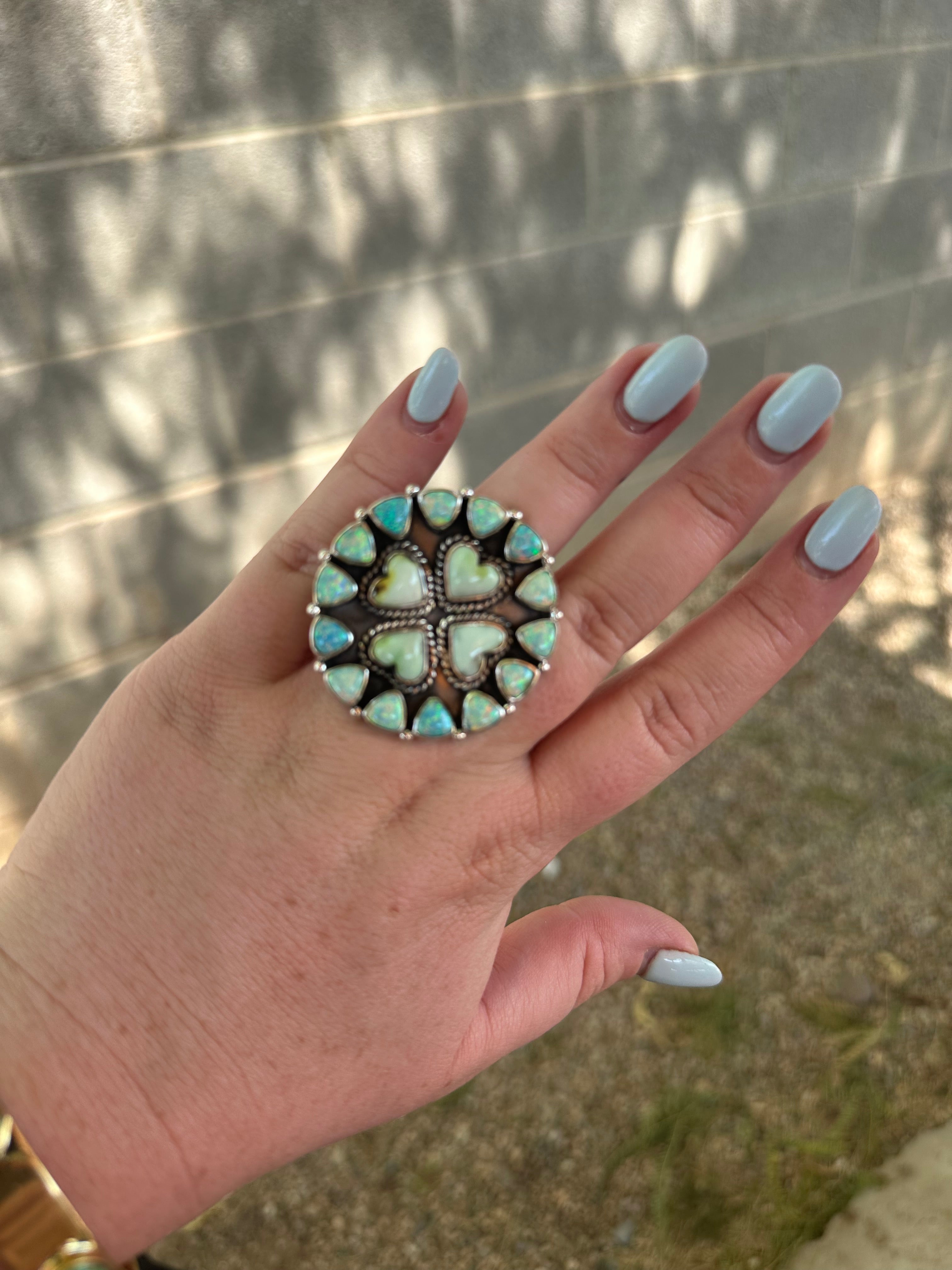 Beautiful Handmade Palomino Turquoise, Fire Opal And Sterling Silver Adjustable Heart Ring