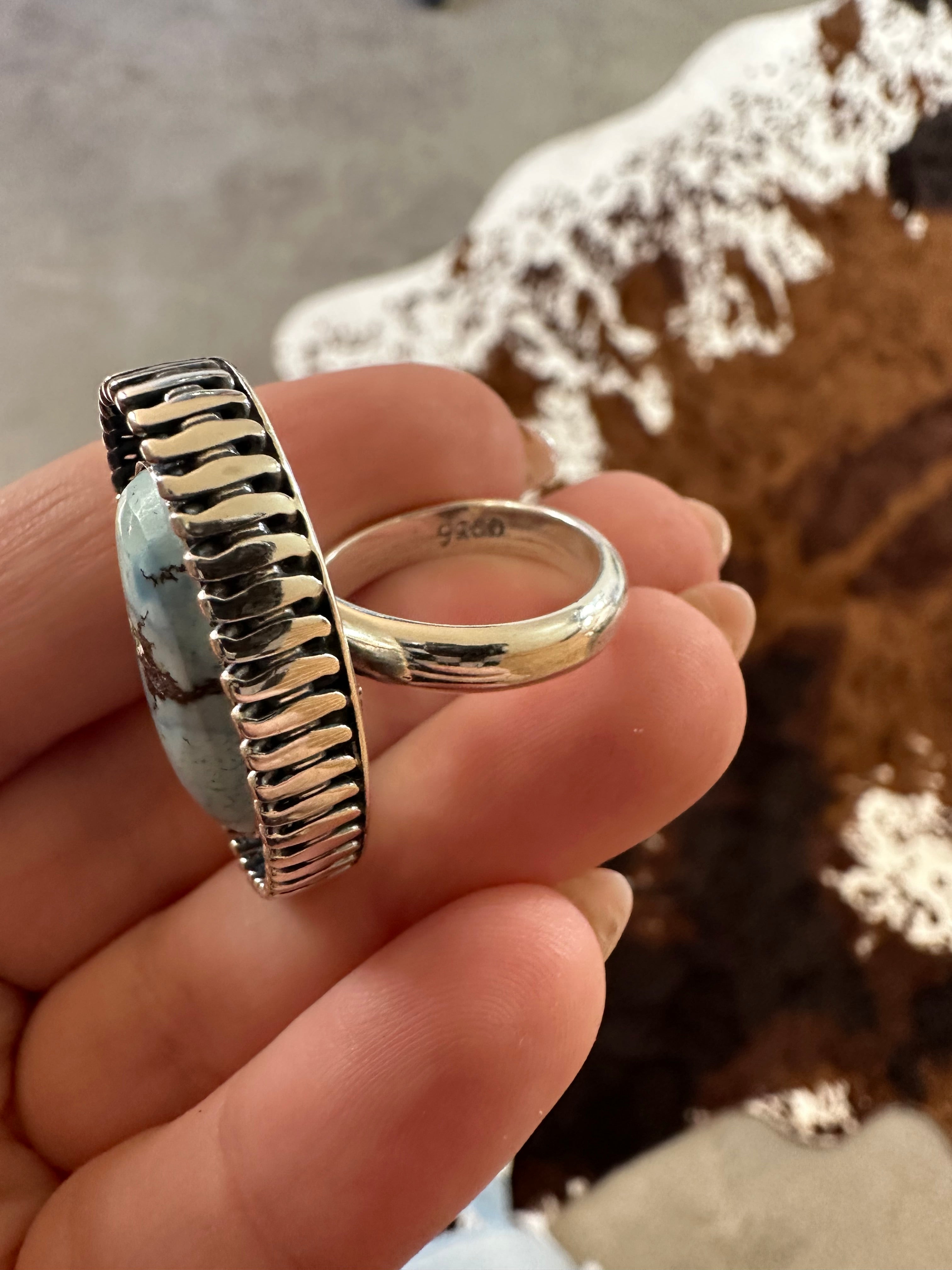 Beautiful Navajo Sterling Silver & Single Stone Golden Hills Turquoise Adjustable Ring Signed