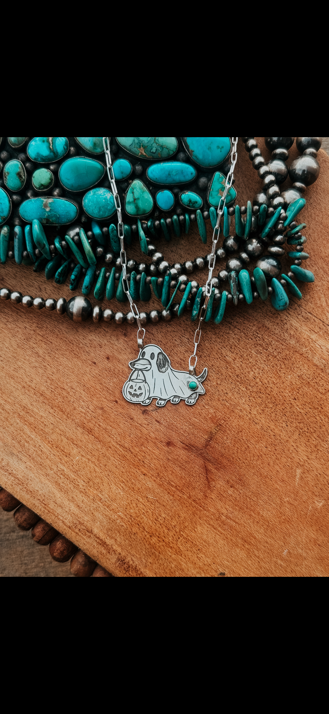 Handmade Sterling Silver & Kingman Turquoise 18” Wiener Dog Halloween ￼Necklace by Roaming Buffalo