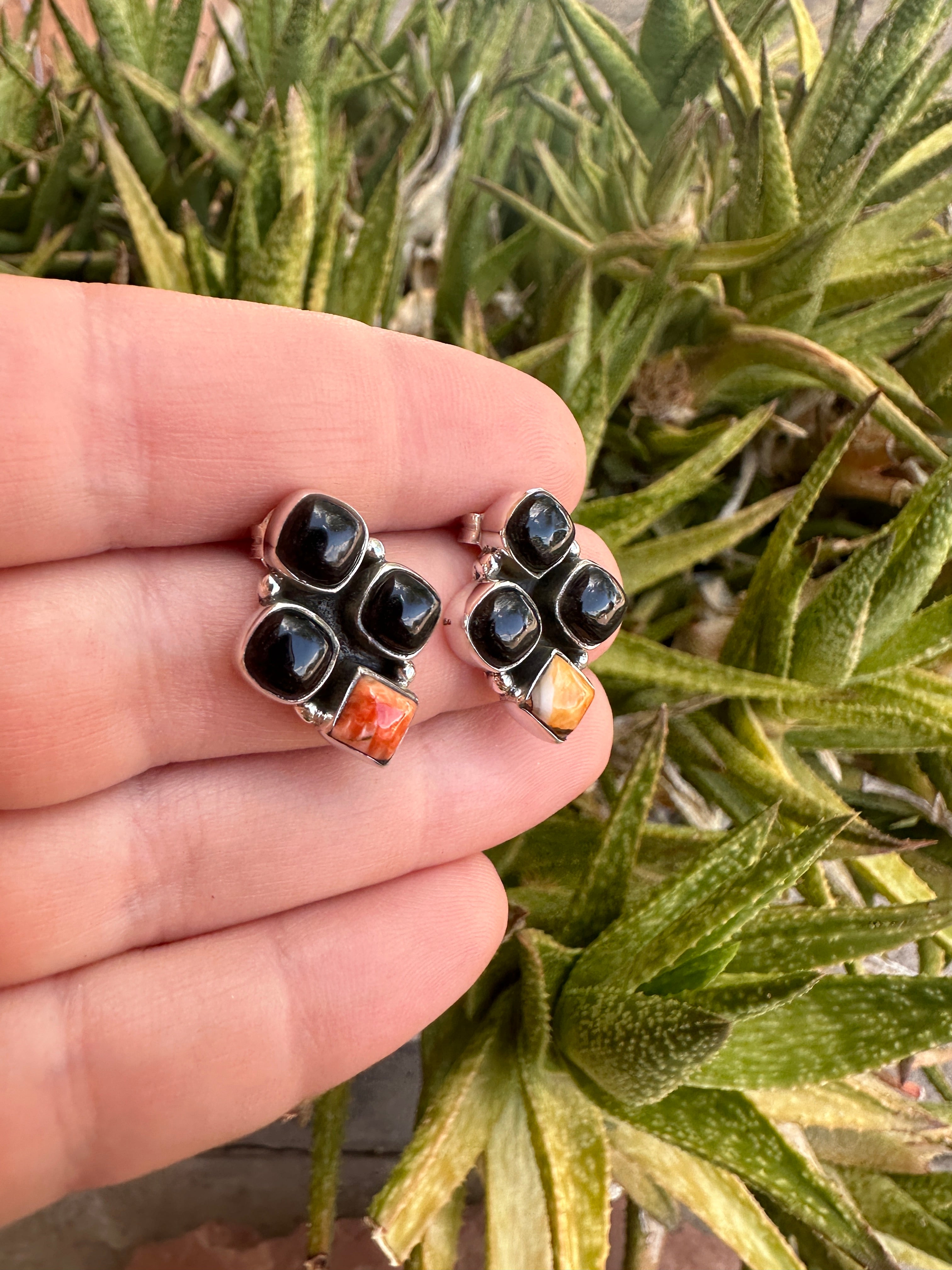 Beautiful Handmade Black Onyx & Sterling Silver Post Earrings Signed Nizhoni