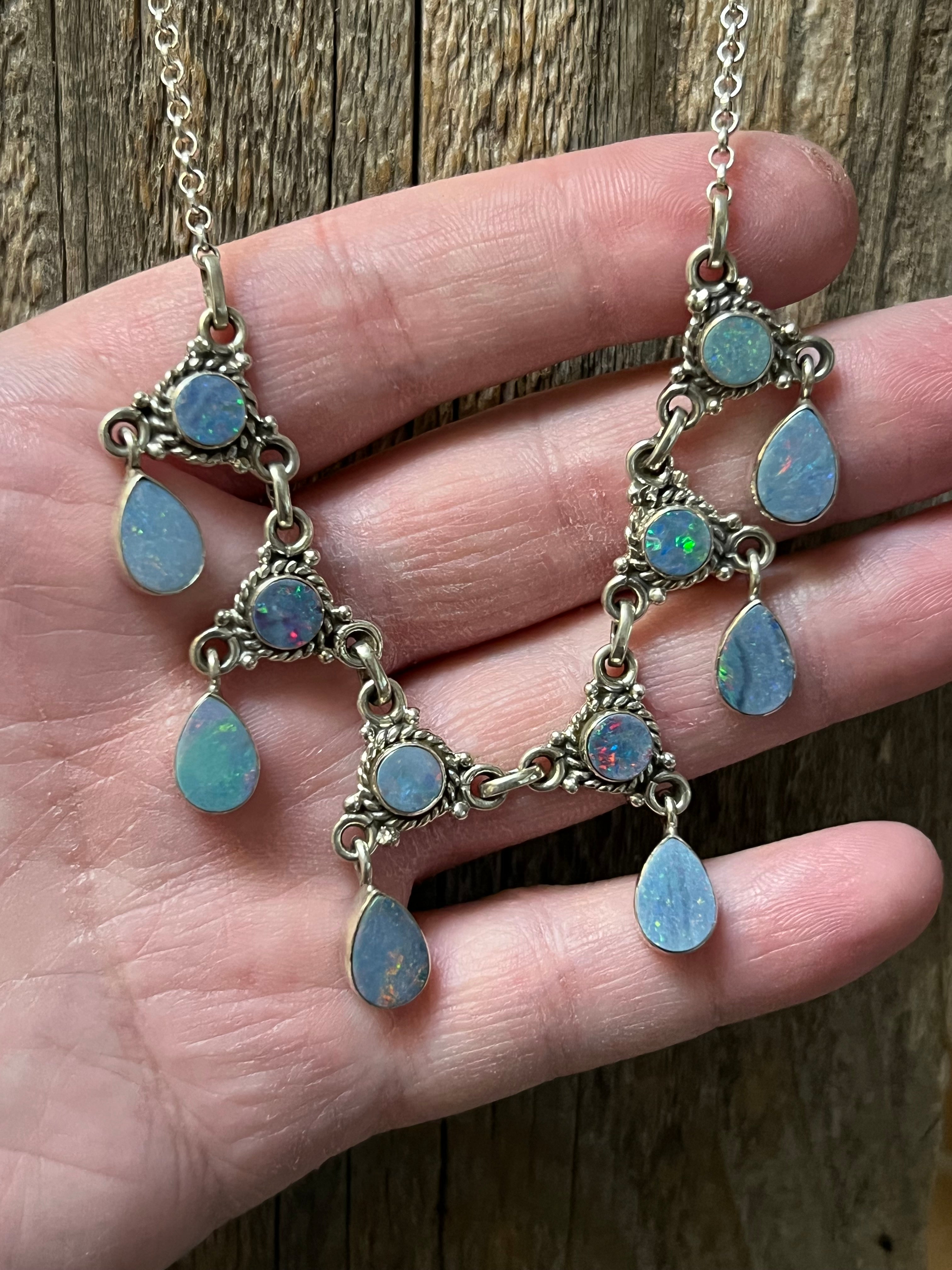 Handmade Light Blue Opal & Fire Blue Opal Sterling Silver Chandelier Necklace