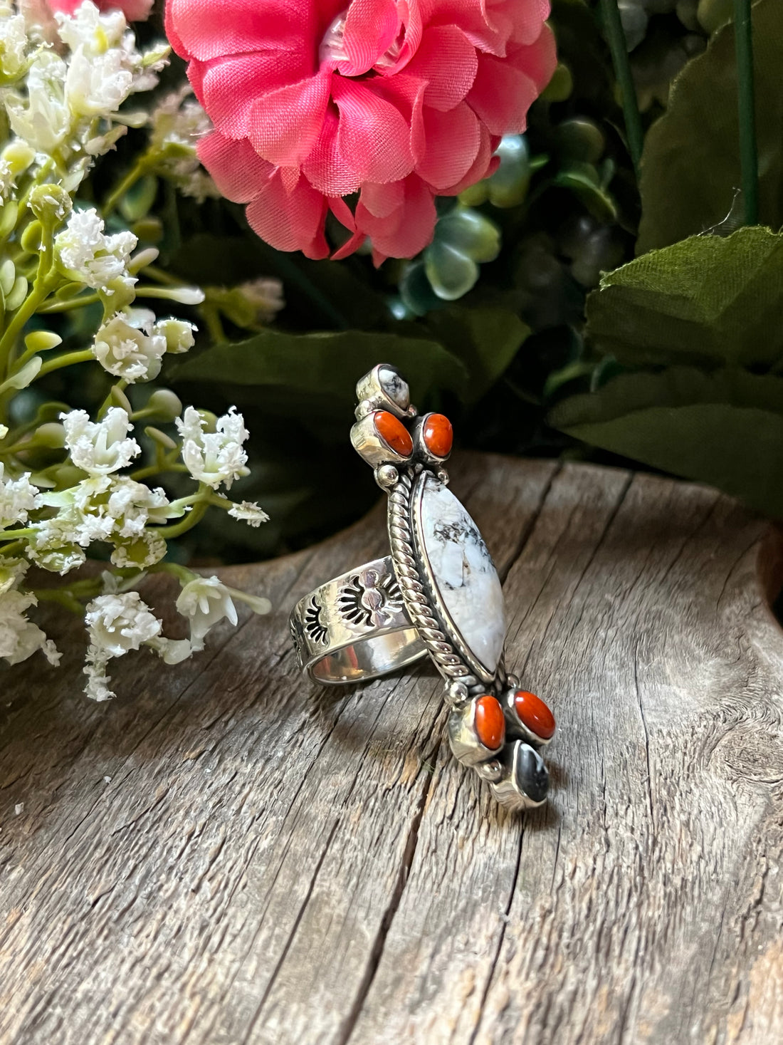 Handmade White Buffalo & Coral Stones Cluster Sterling Silver Adjustable Ring