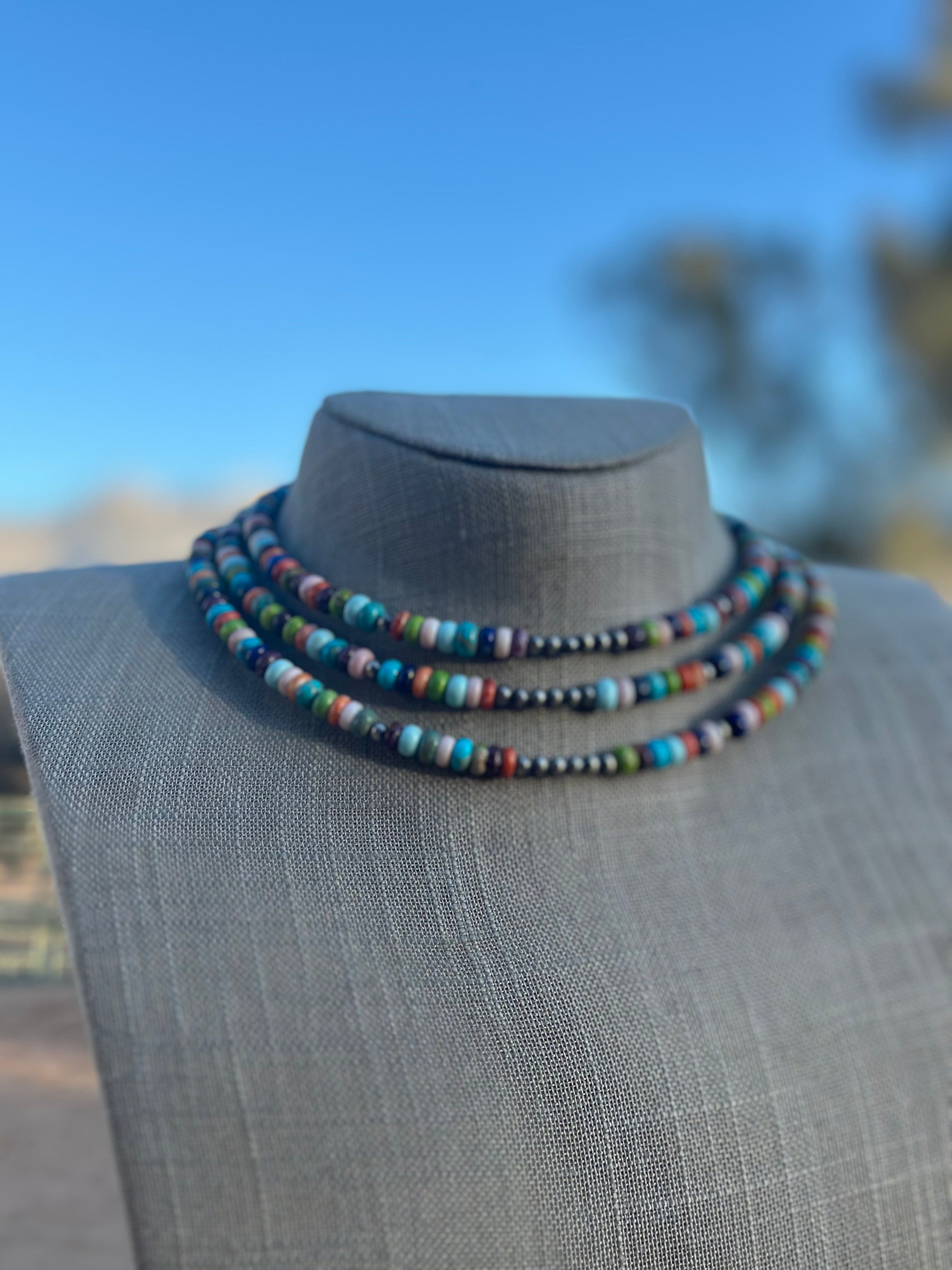 Navajo Handmade Multi Stone & Sterling Silver Beaded Wrap Choker Necklace