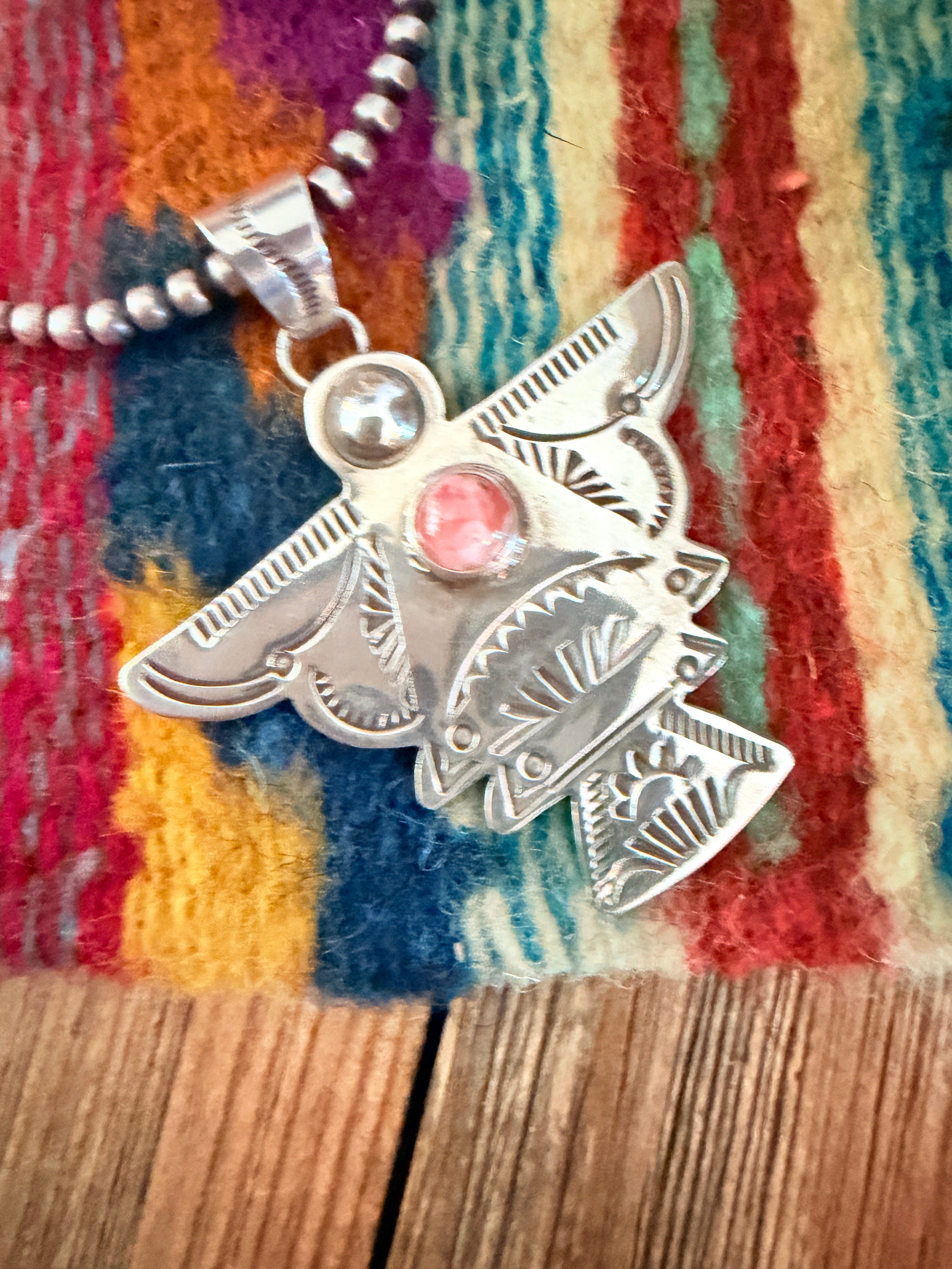 Handcrafted Sterling Silver & Rhodochrosite Thunderbird Pendant