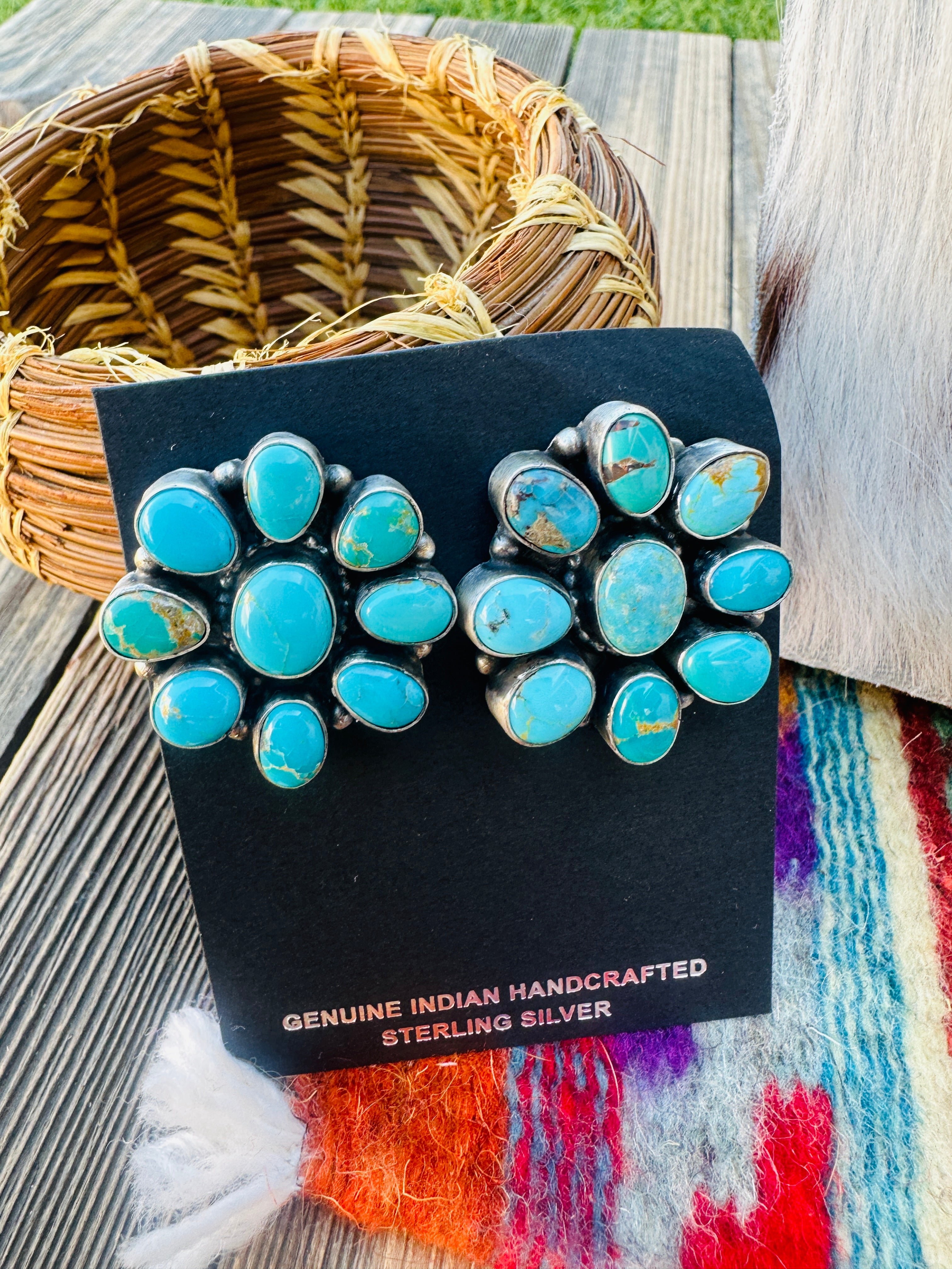 Handcrafted Turquoise & Sterling Silver Squash Blossom Necklace and Earring Set by Blaine Yellowhorse