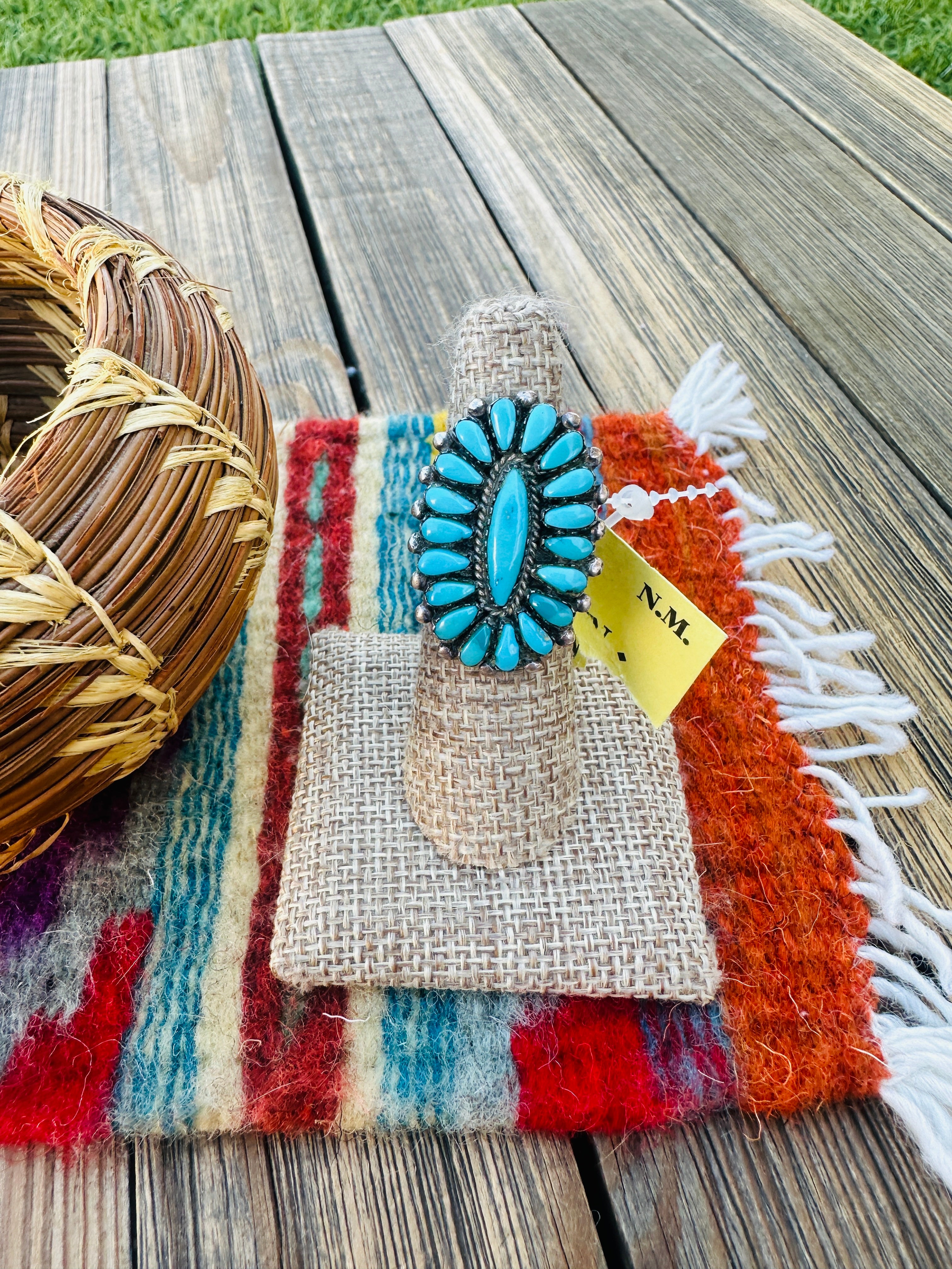Old Pawn Handcrafted Turquoise & Sterling Silver Cluster Ring Size 7