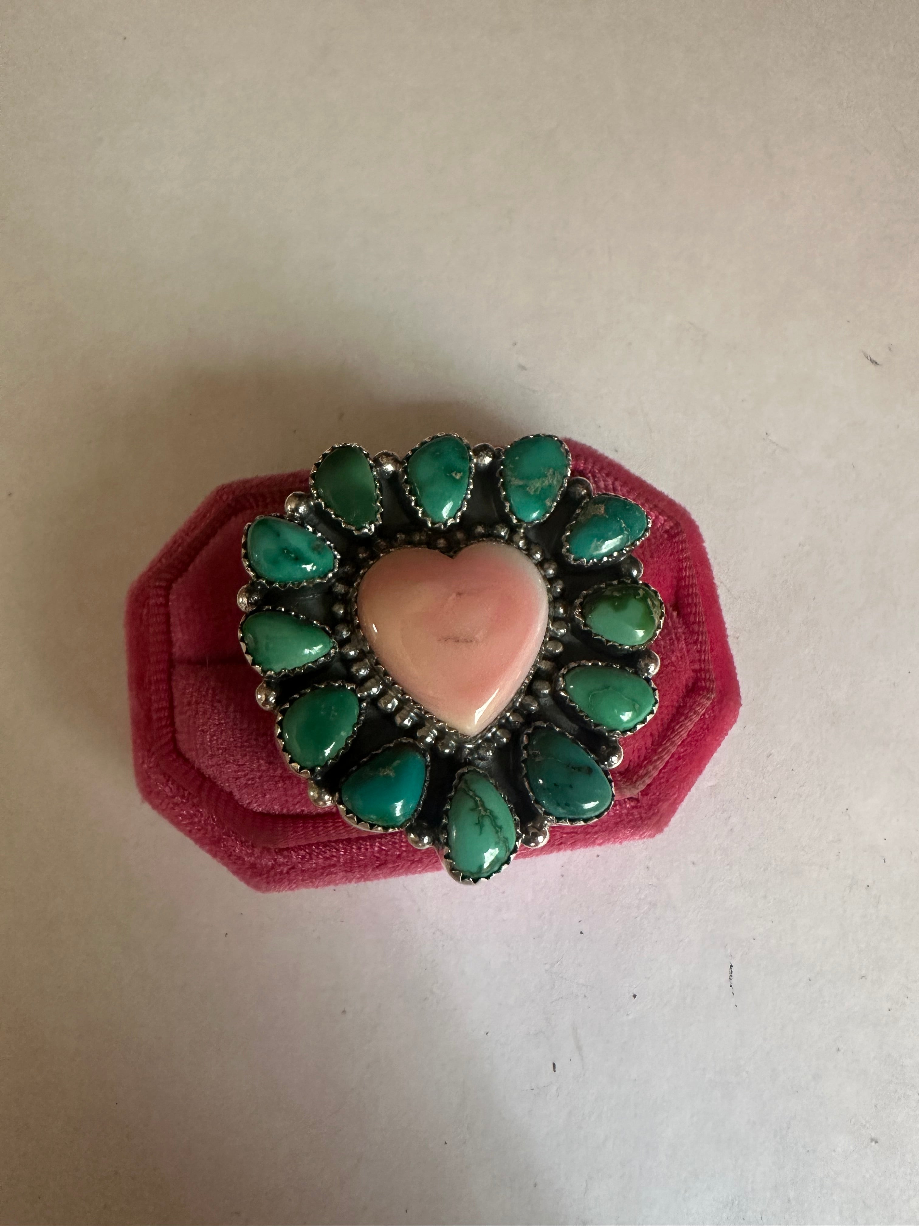 Handmade Sonoran Turquoise, Pink Conch And Sterling Silver Adjustable Heart Ring Signed Nizhoni