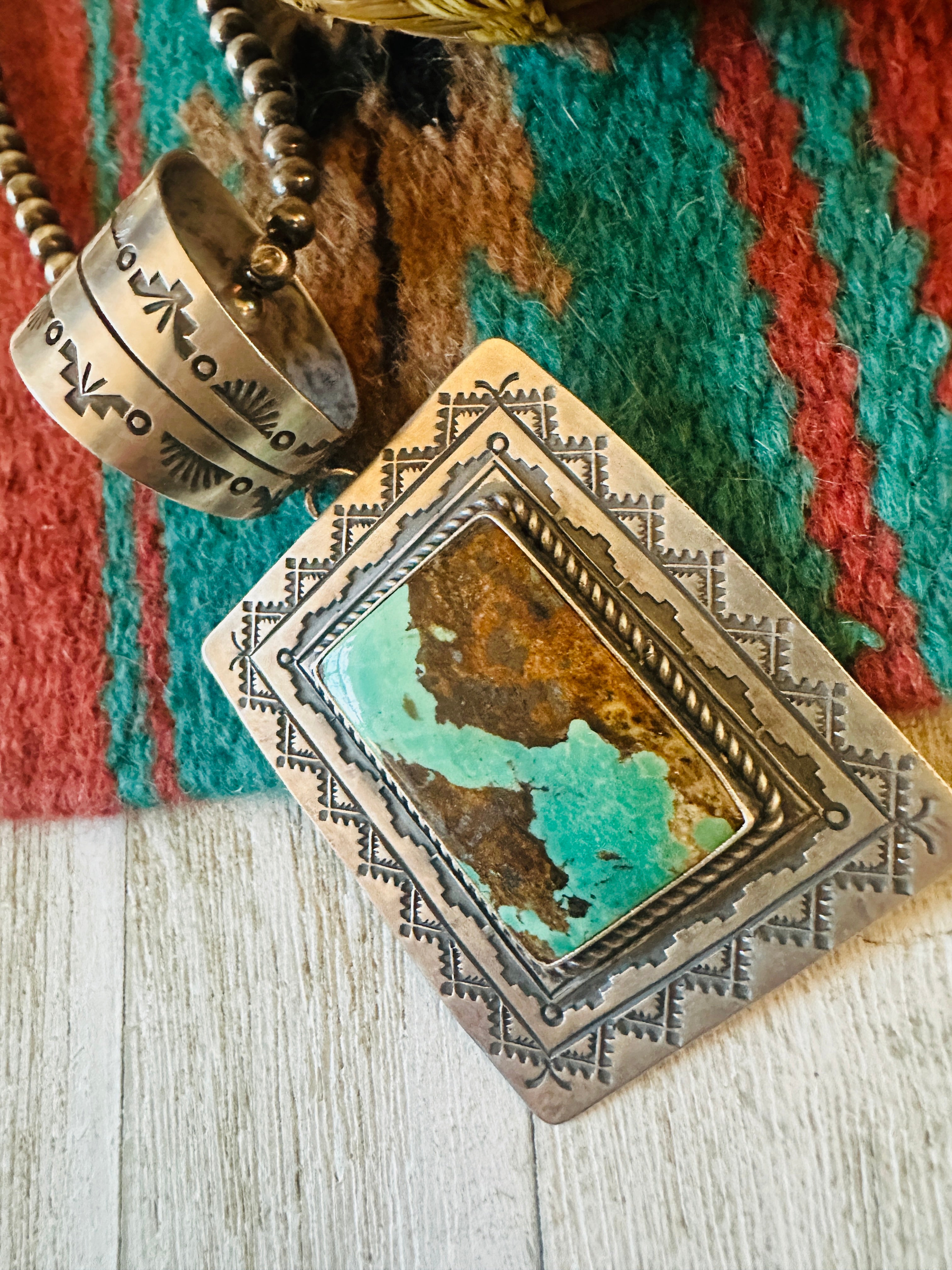 Navajo Hand Stamped Sterling Silver & Turquoise Concho Pendant