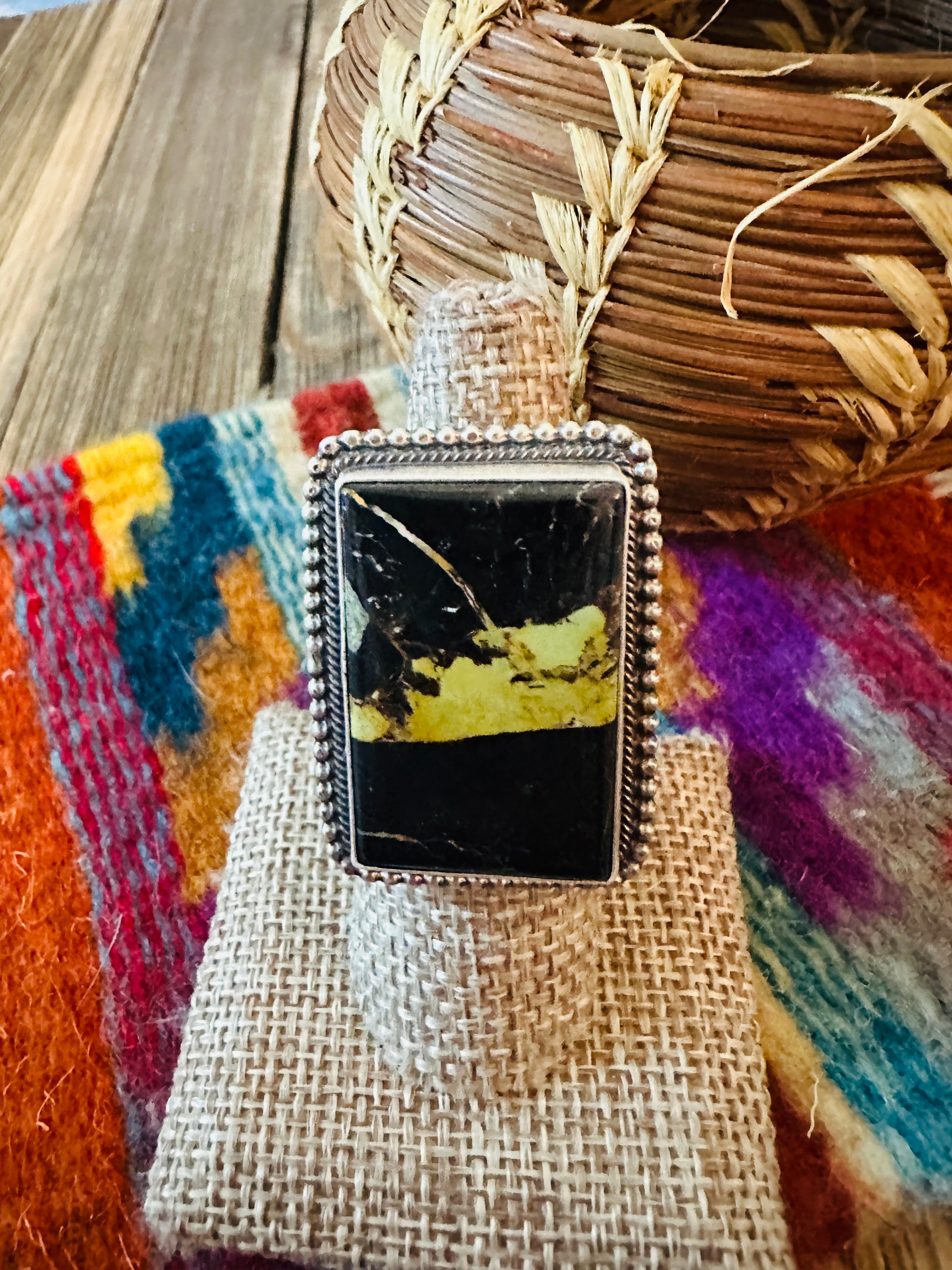 Handcrafted Blackjack Turquoise & Sterling Silver Ring Size 6.75