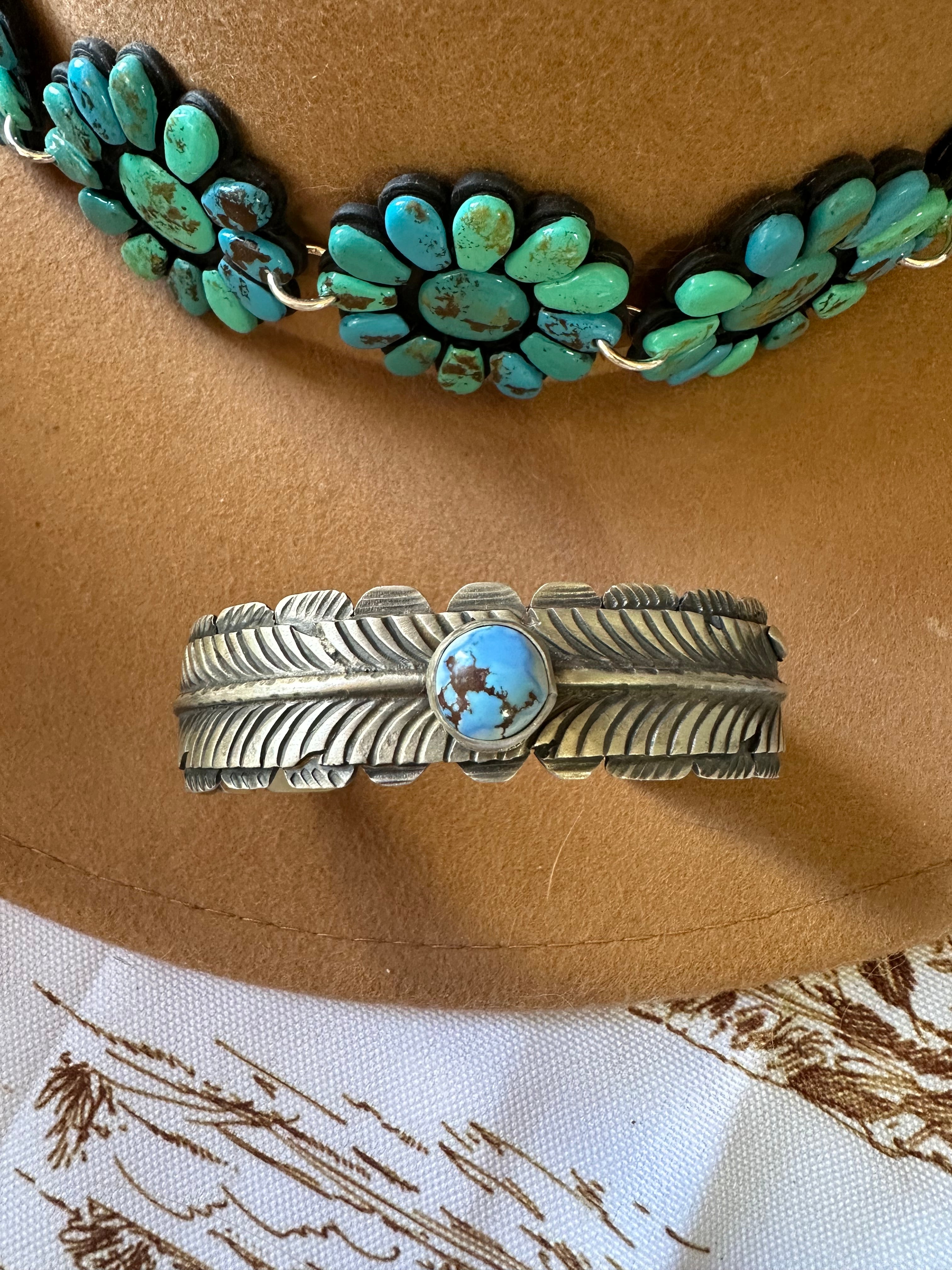 Navajo Golden Hills Turquoise & Sterling Silver Feather Cuff Bracelet