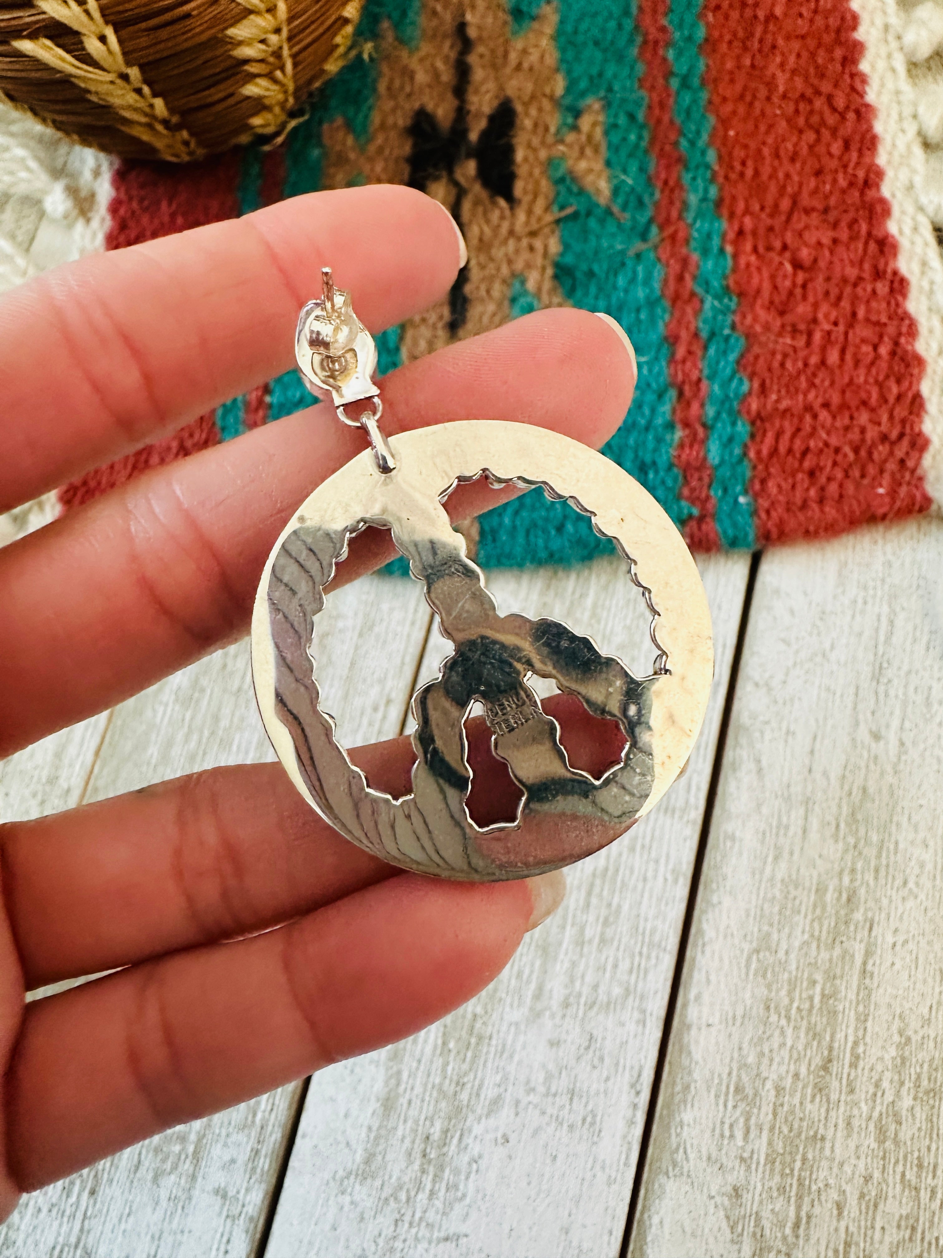 Handcrafted Turquoise, Queen Pink Conch & Sterling Silver Peace Sign Dangle Earrings