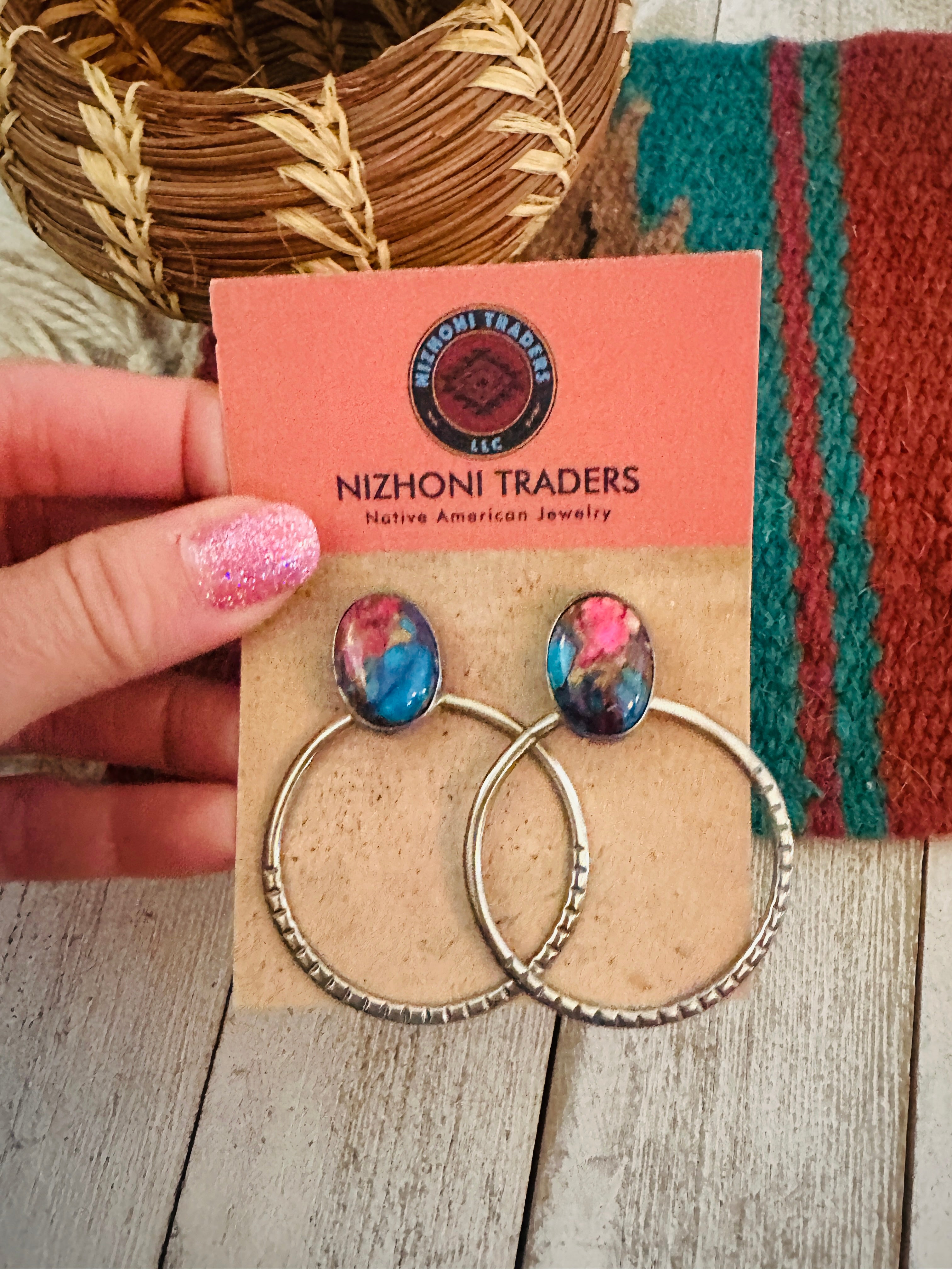 Navajo Pink Dream Mojave & Sterling Silver Dangle Hoop Earrings