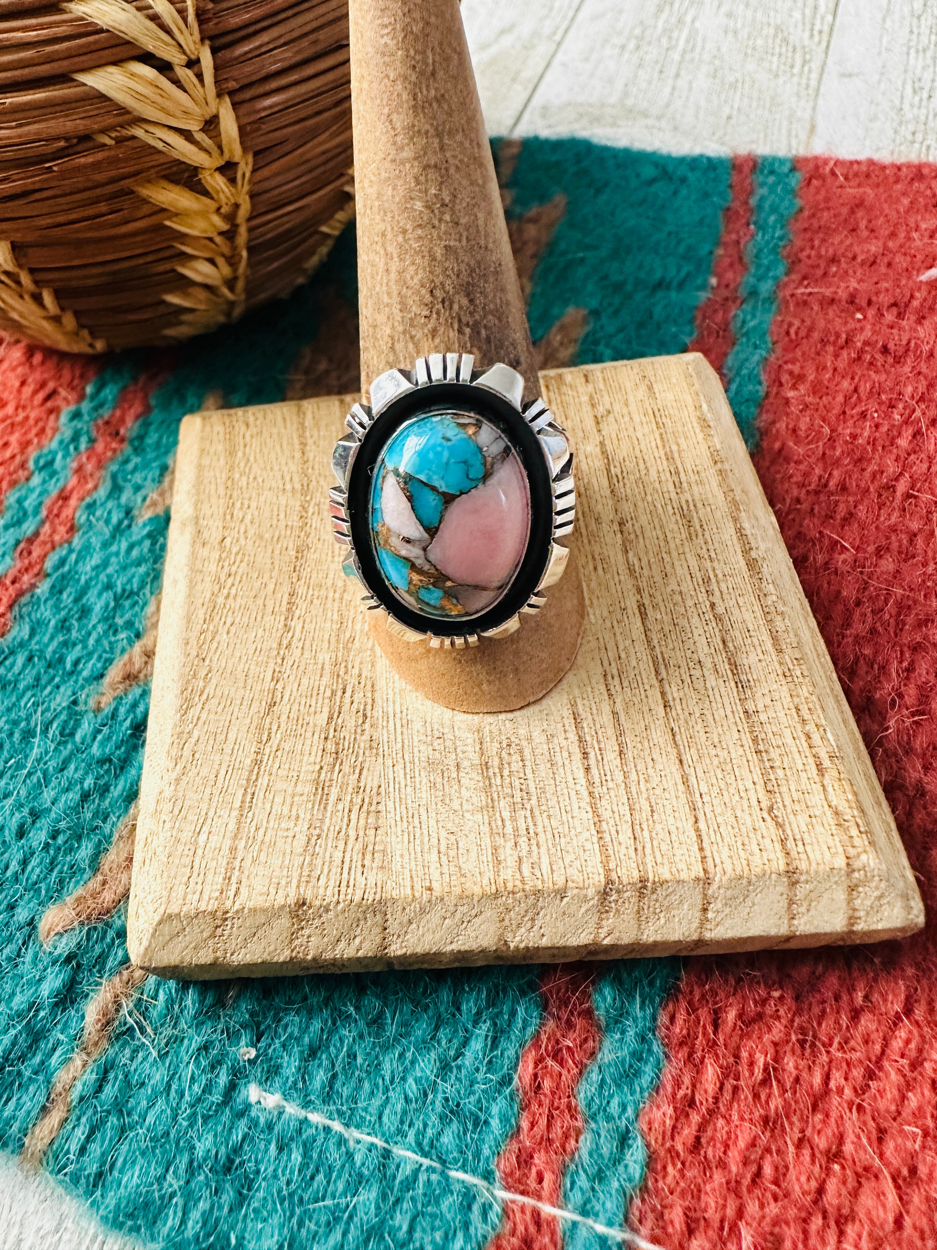 Navajo Sterling Silver & Pink Dream Mojave Adjustable Ring