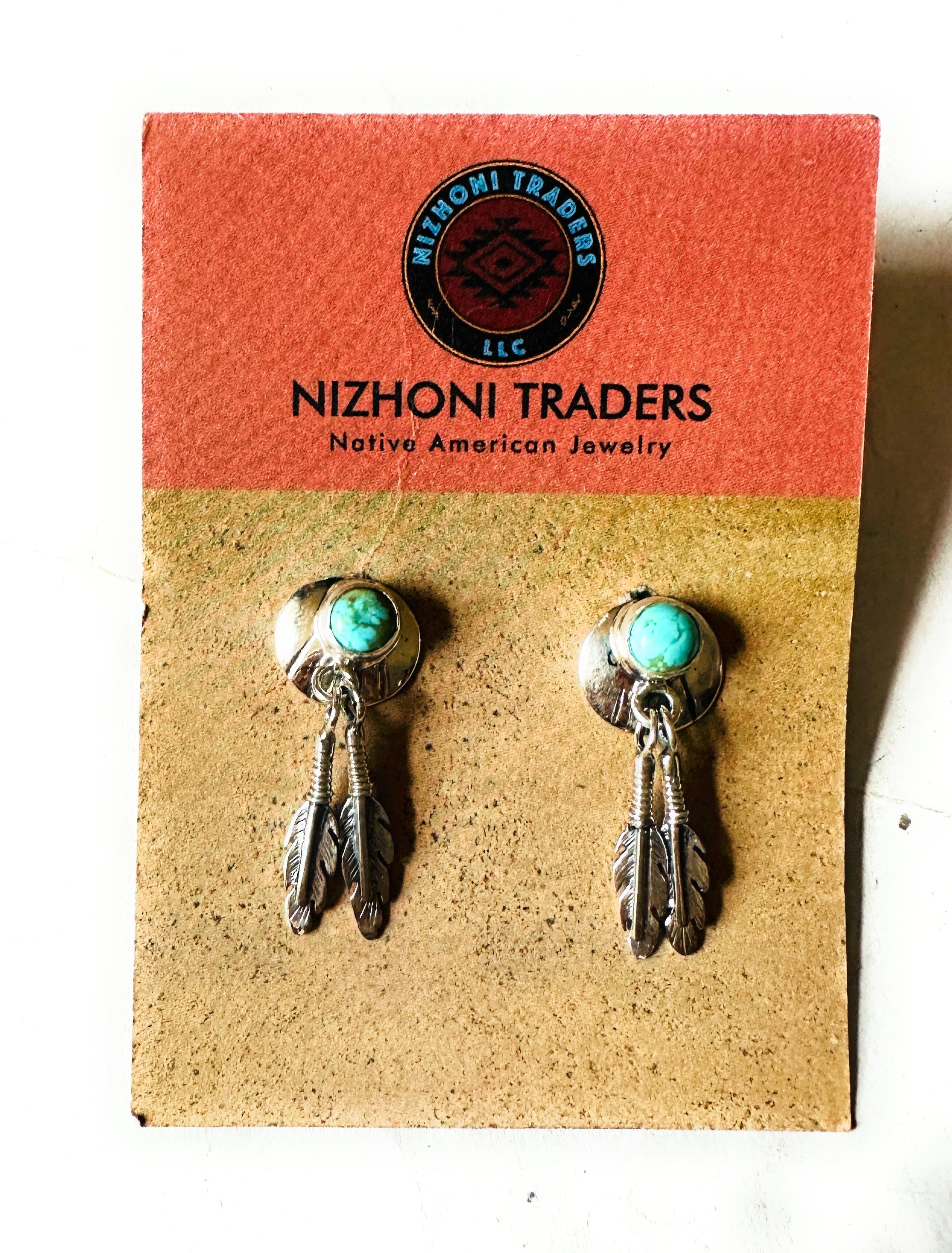 Navajo Turquoise & Sterling Silver Concho Feather Earrings