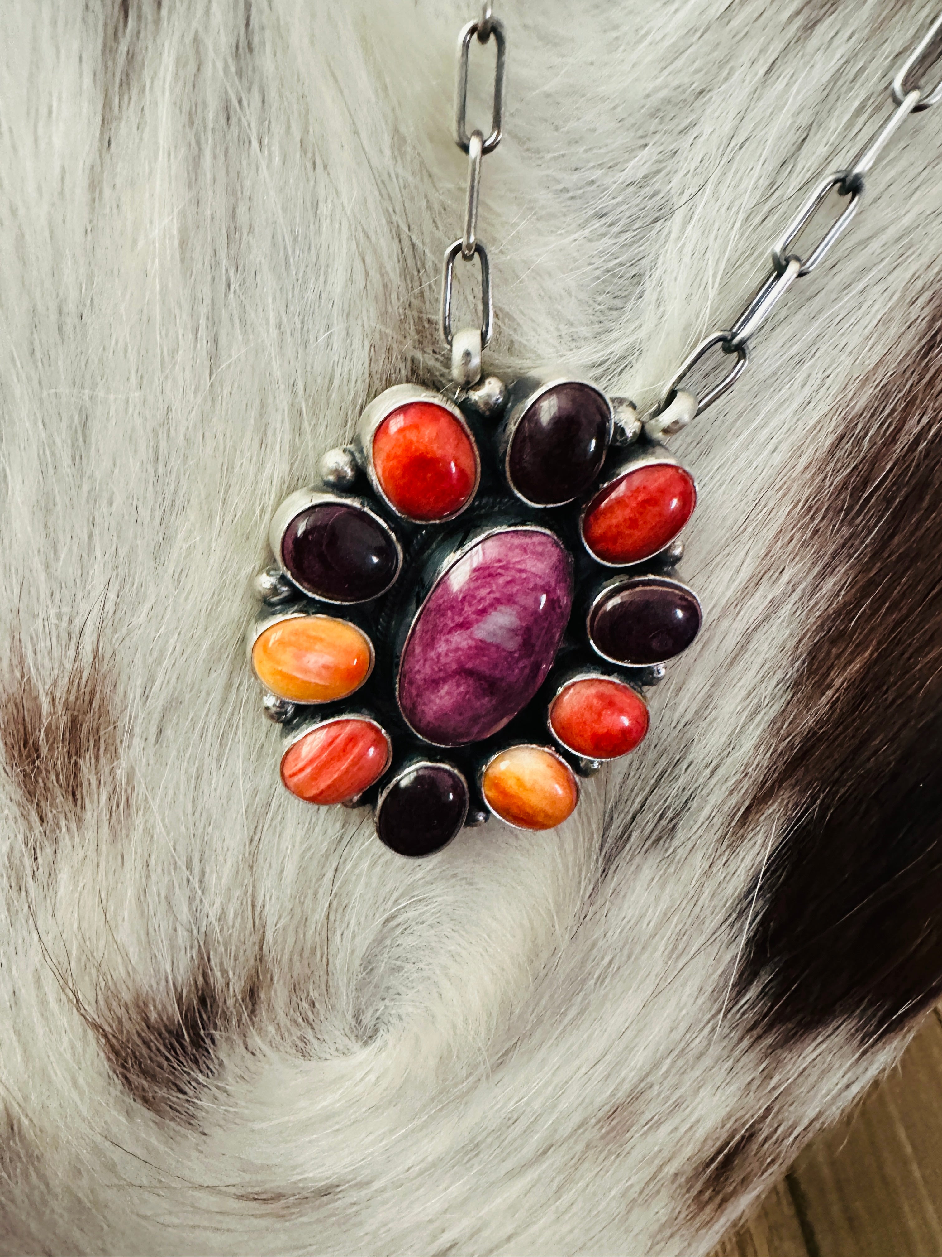 Handcrafted Multicolor Spiny Oyster & Sterling Silver Cluster Necklace by Sheila Becenti