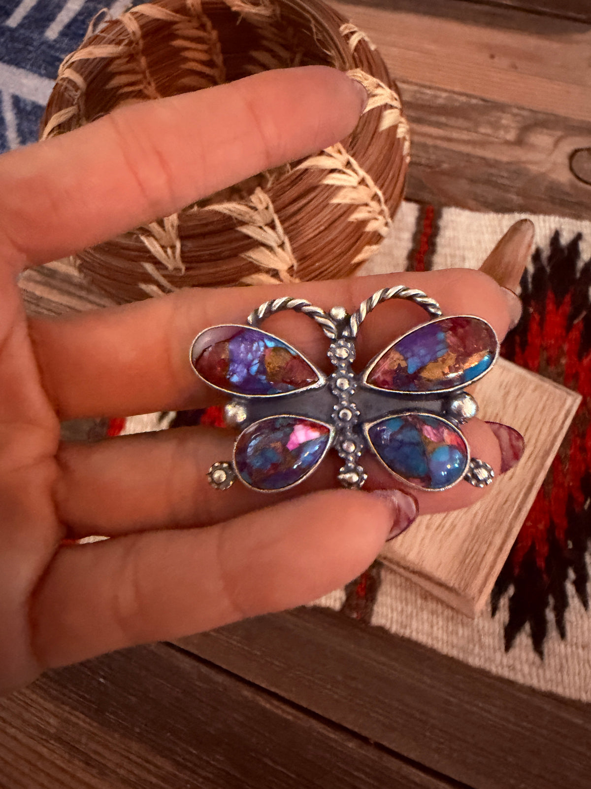 Handcrafted Pink Dream Mojave & Sterling Silver Adjustable Butterfly Ring