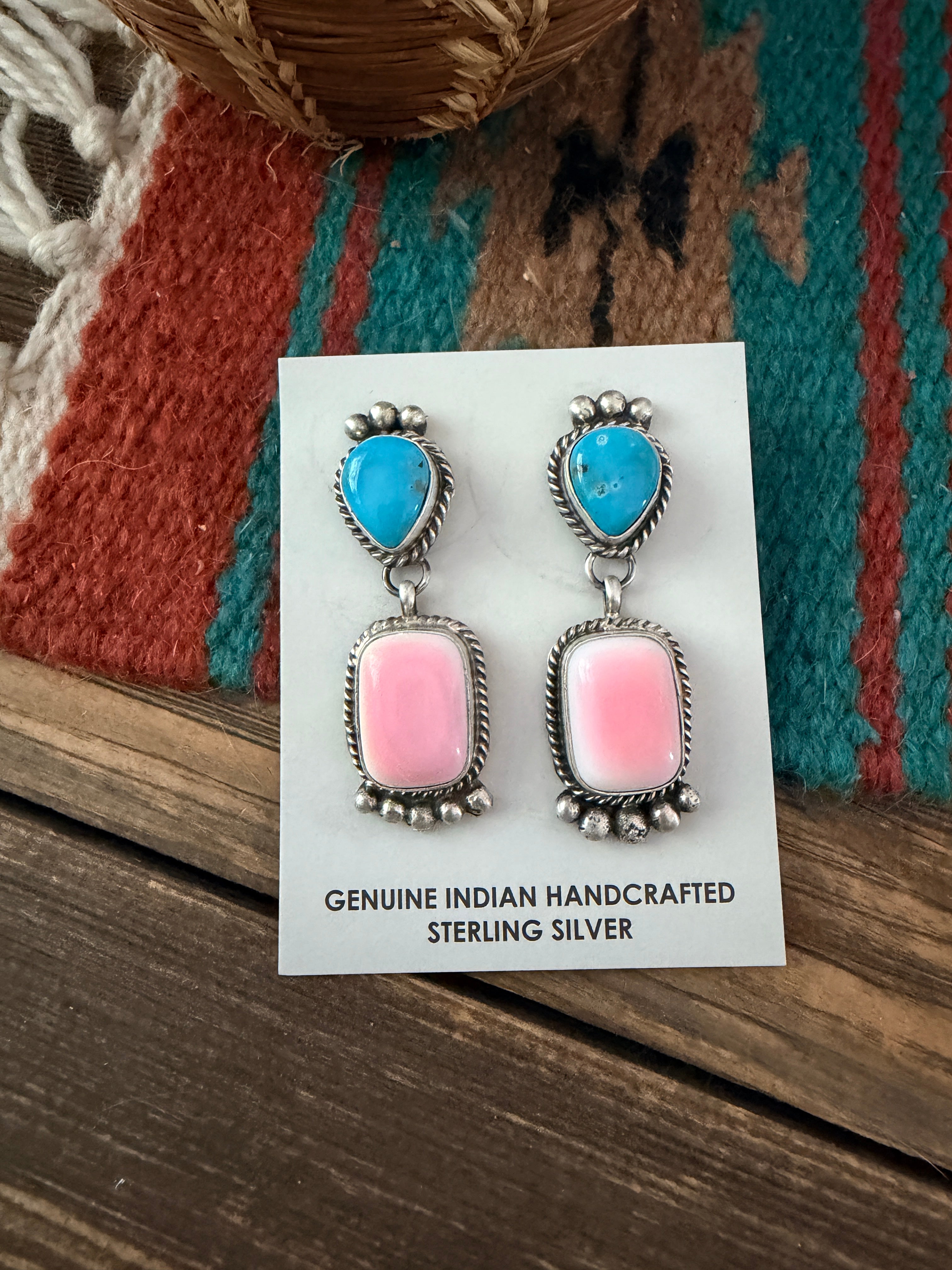 Handcrafted Sterling Silver, Turquoise & Queen Pink Conch Dangle Earrings by Vicky Hicks