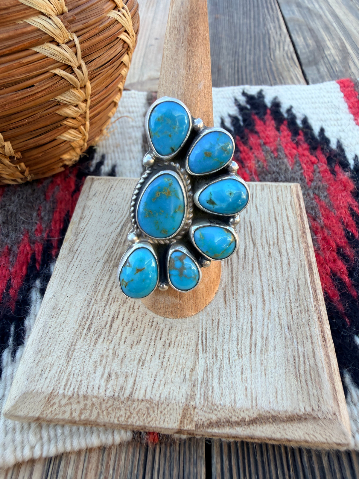 Handcrafted Turquoise & Sterling Silver Cluster Adjustable Ring by Geraldine James
