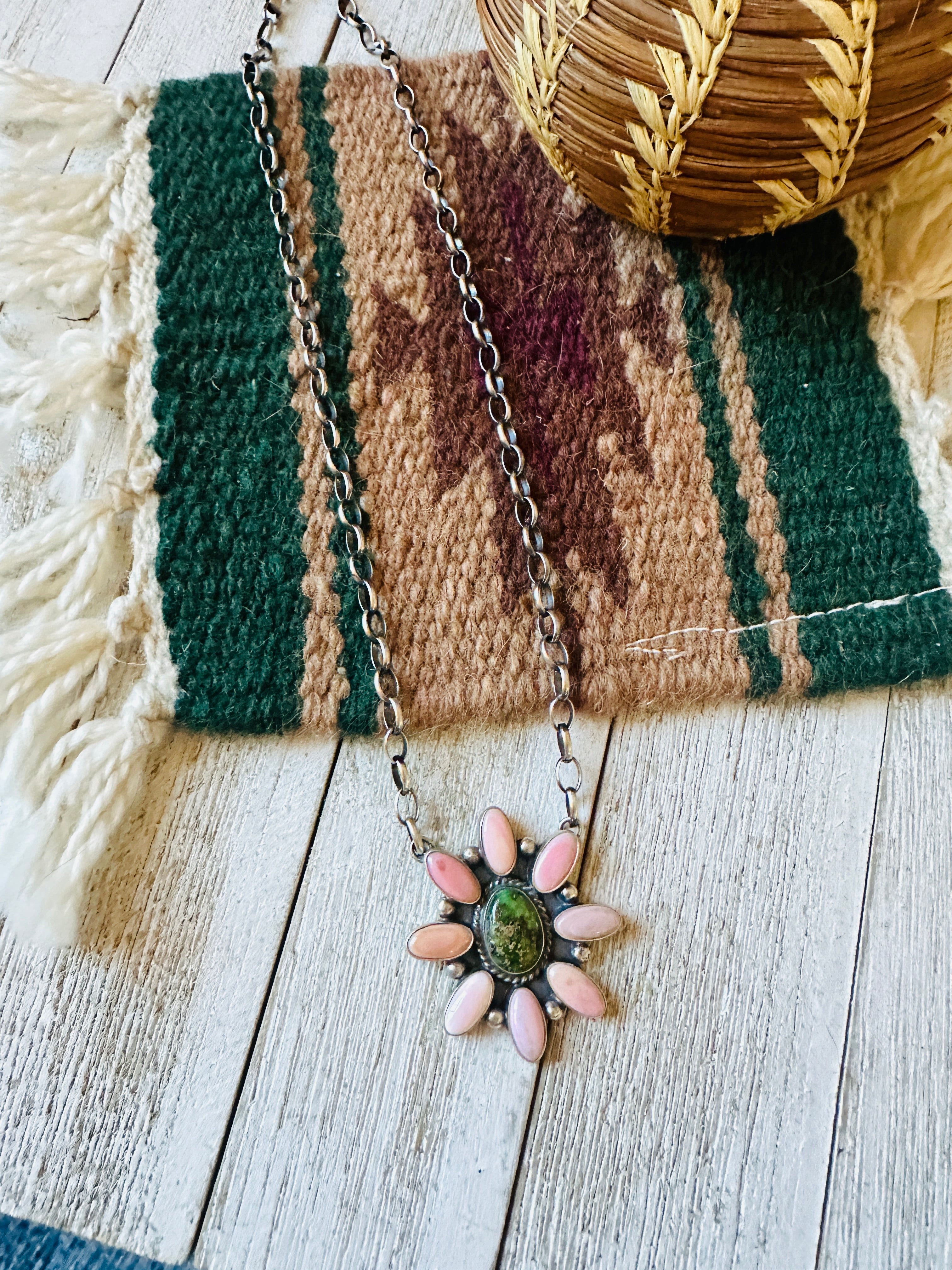 Navajo Sterling Silver, Queen Pink Conch Shell & Turquoise Necklace