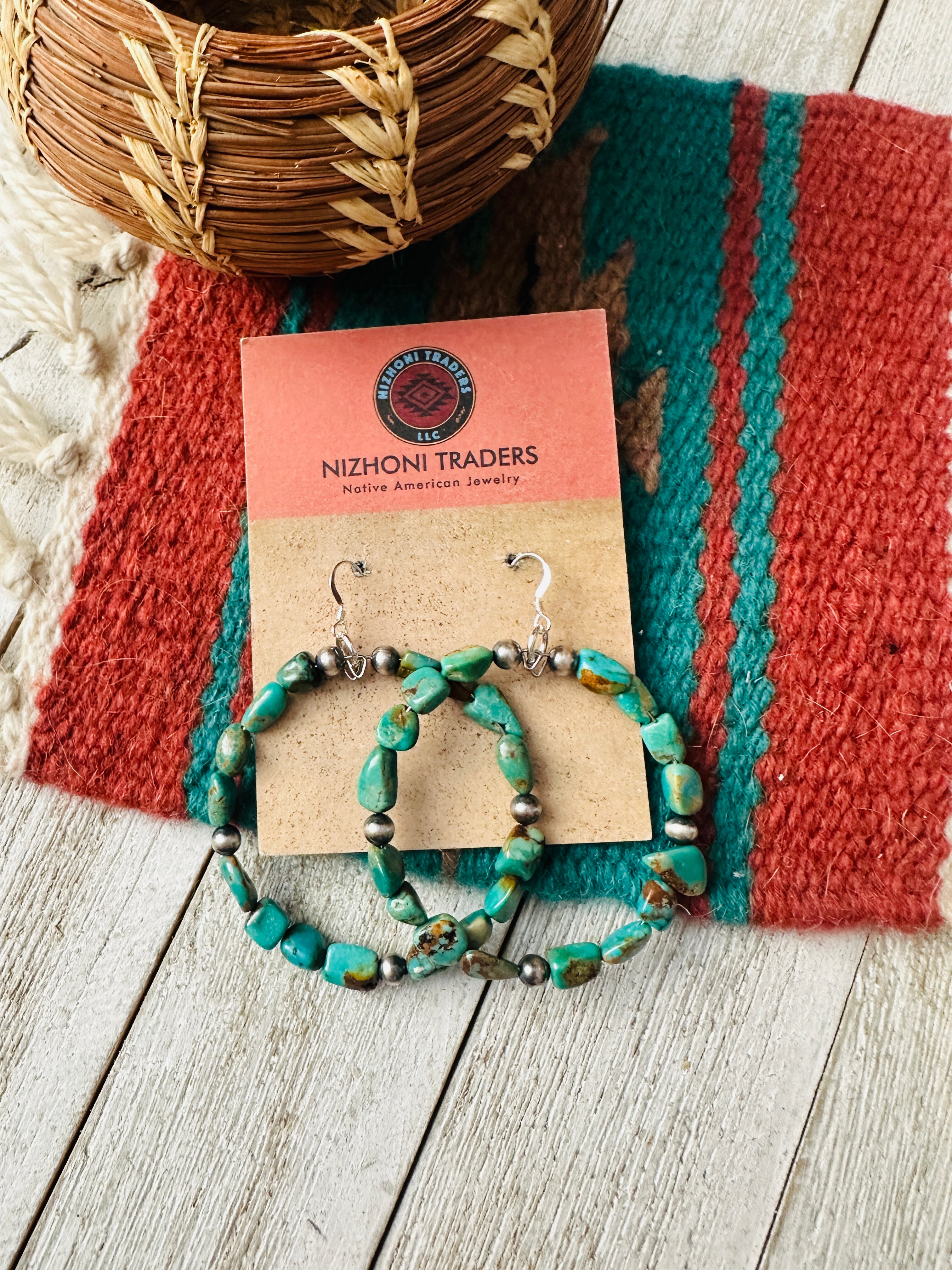 Handcrafted Turquoise & Sterling Silver Beaded Hoop Earrings