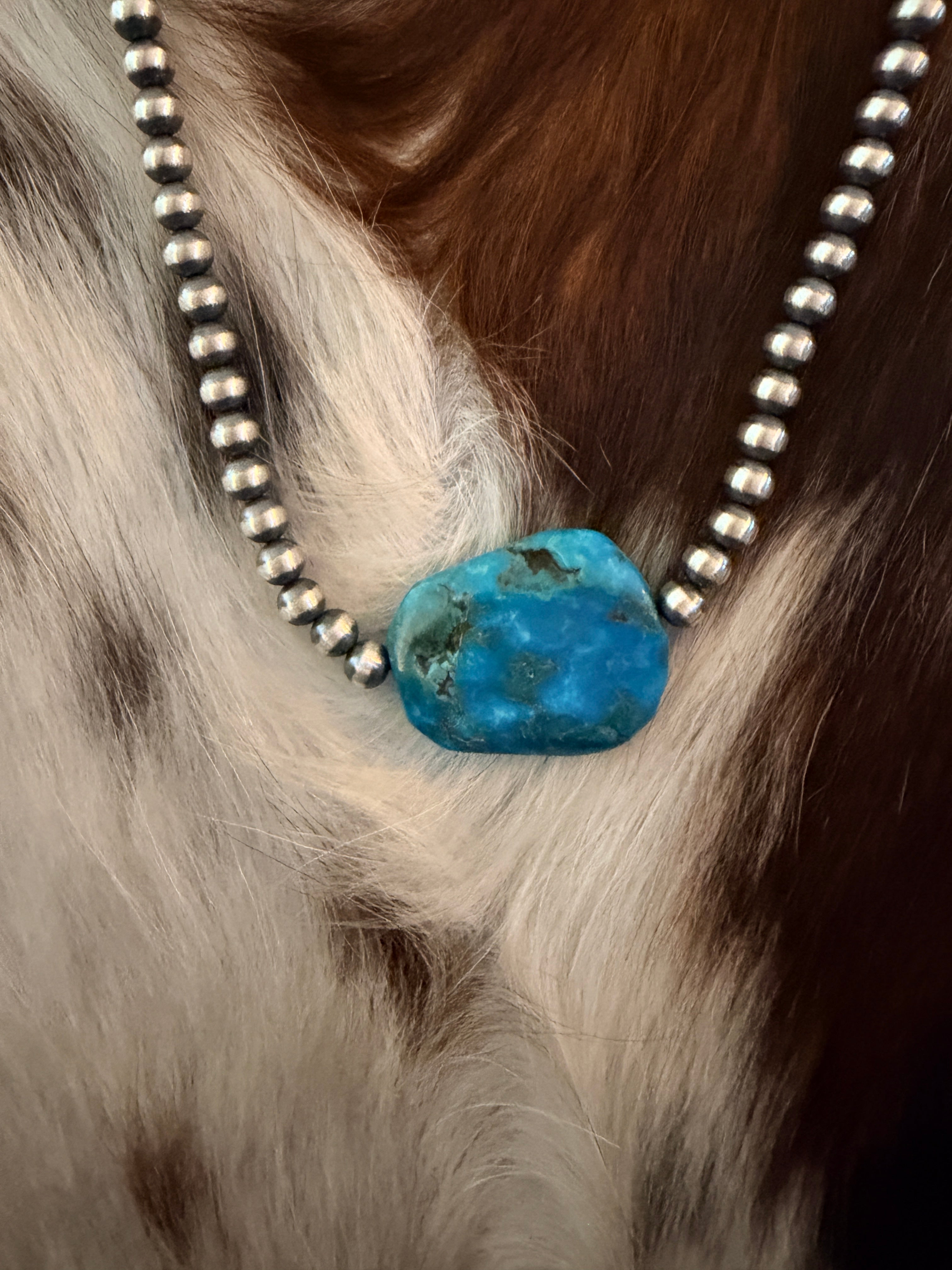 Handcrafted Kingman Turquoise & Sterling Silver Pearl 18” Beaded Necklace