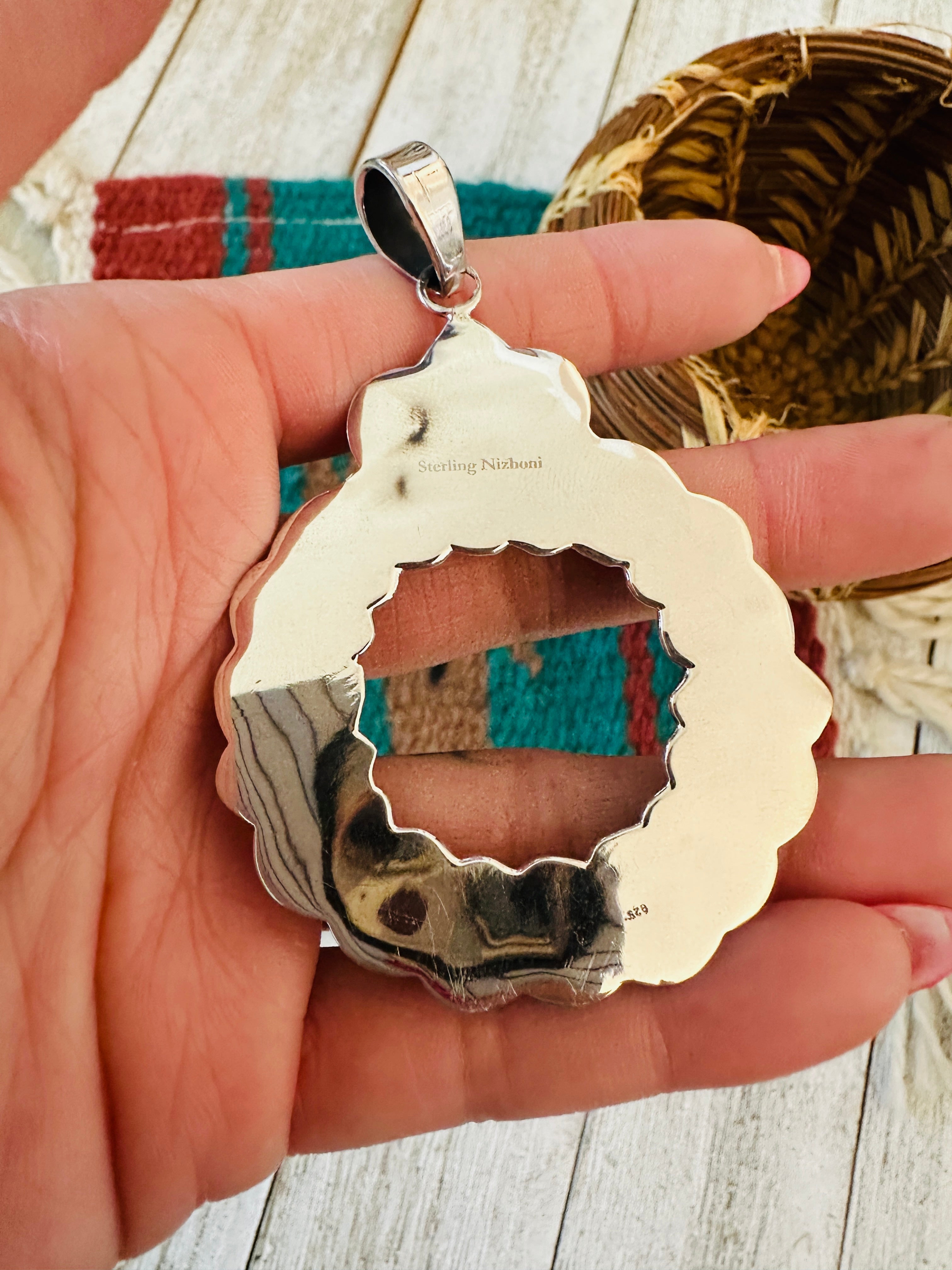 ** Christmas Collection ** Handmade Sterling Silver, Turquoise & Coral Wreath Pendant Signed Nizhoni
