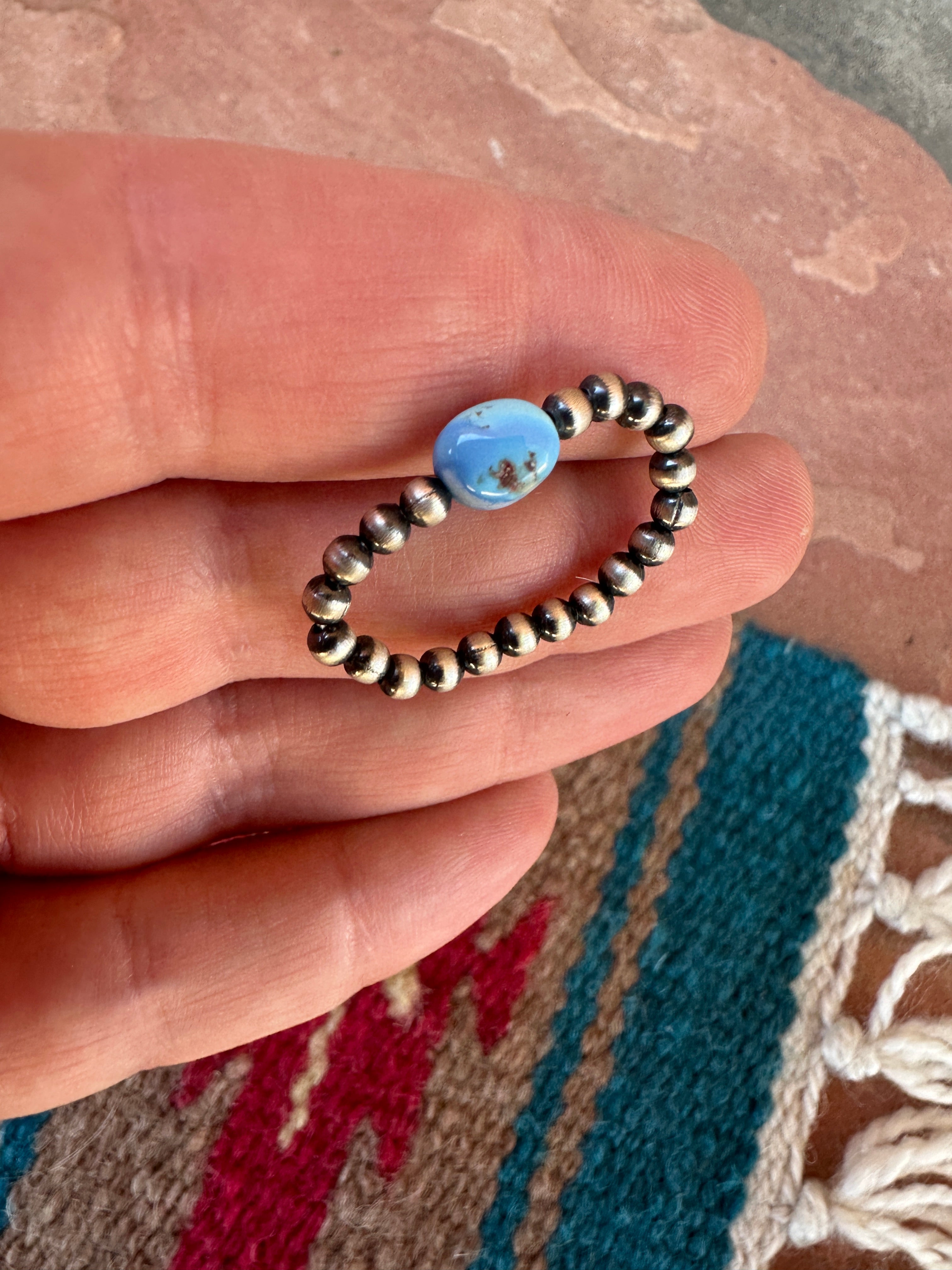 THE VENICE BAND Handmade Sterling Silver Navajo Pearl Style Golden Hills Turquoise Beaded Stretch Ring