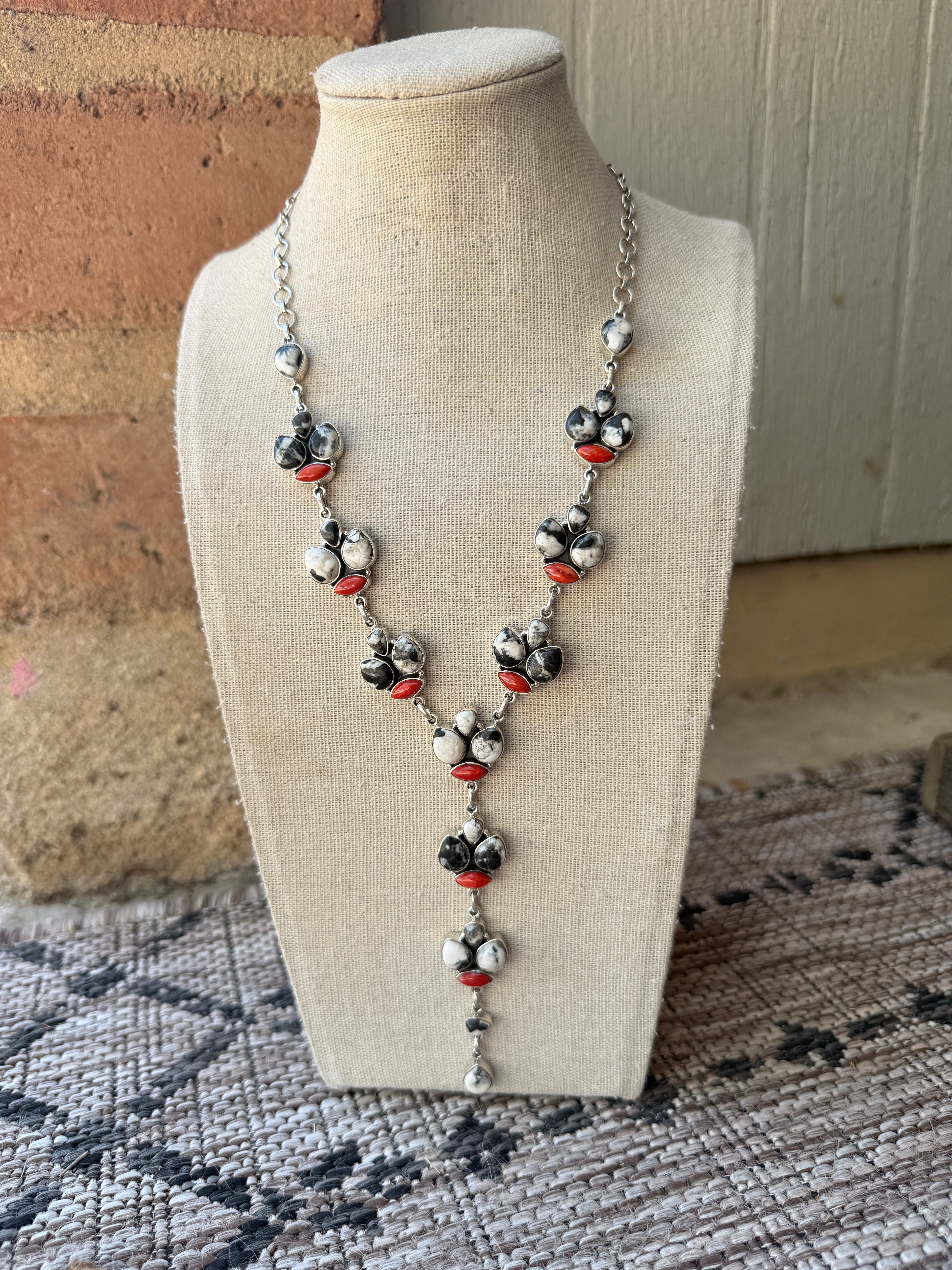 Handmade Sterling Silver, White Buffalo & Coral Necklace and Earring Set Signed Nizhoni