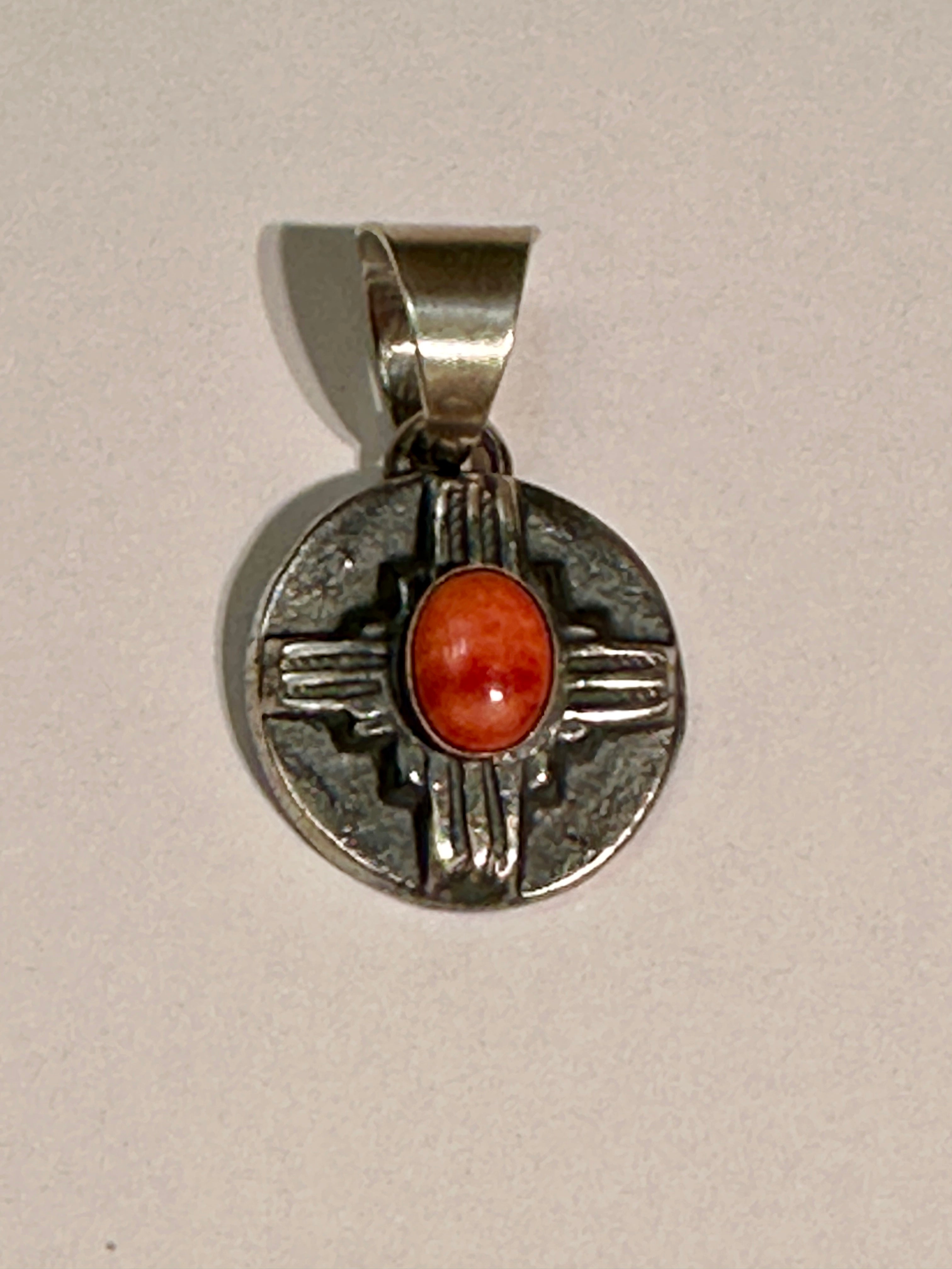 Navajo Sterling Silver Orange Spiny Round Zia Pendant By Chimney Butte