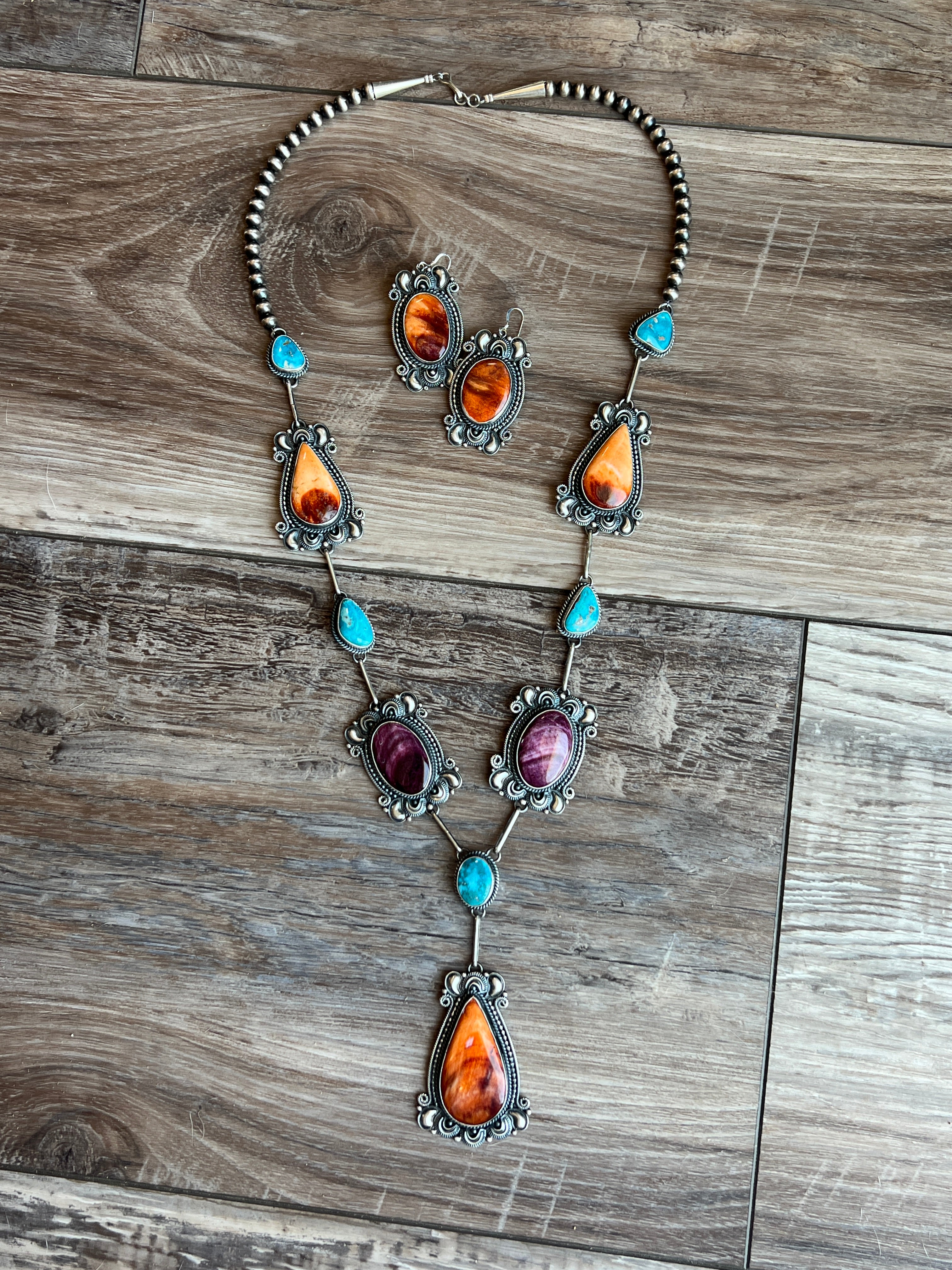 Handcrafted Sterling Silver, Spiny Oyster and Turquoise Link and Bead Necklace and Earrings Set by Derrick Gordon