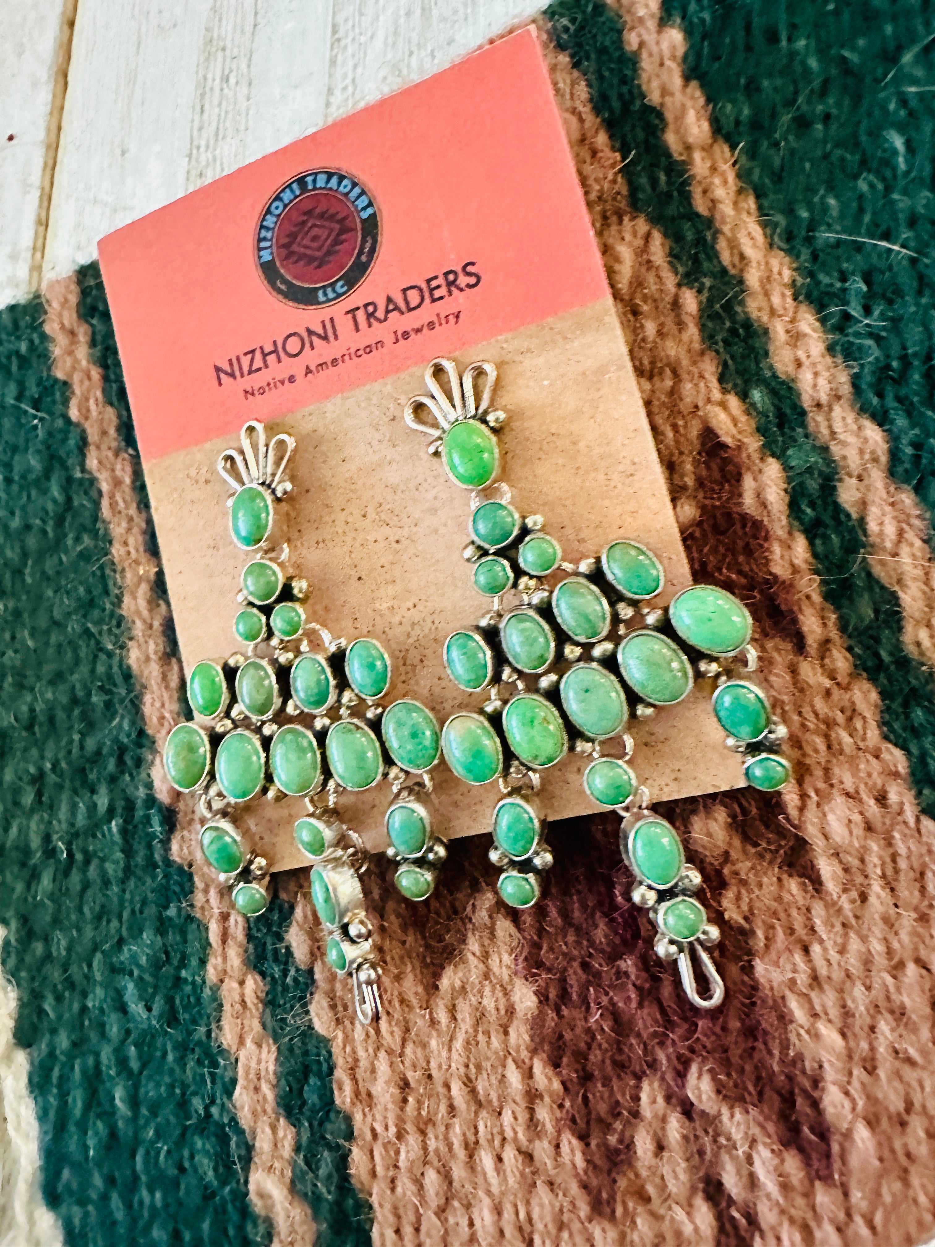 Navajo Green Turquoise & Sterling Silver Cluster Dangle Earrings