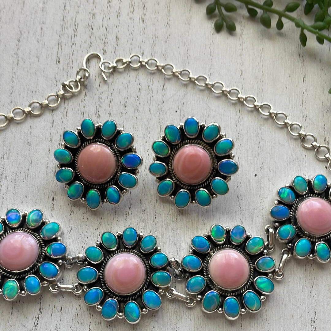 Handmade Sterling Silver, Pink Conch & Blue Opal Choker Necklace & Earring Set Signed Nizhoni