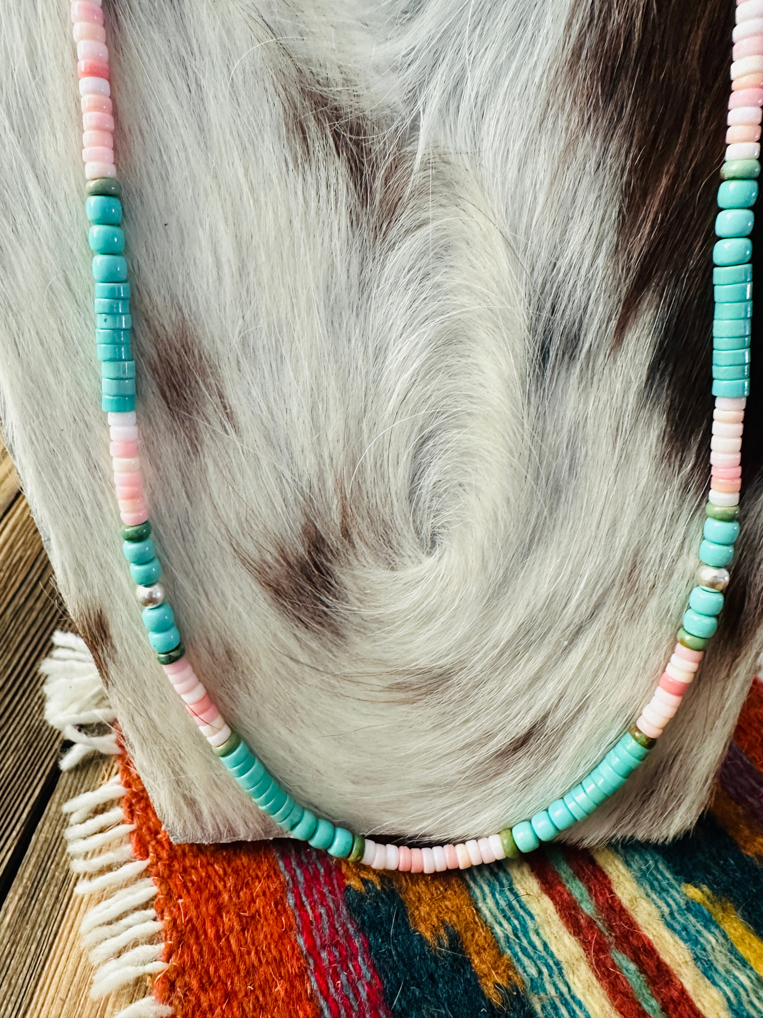 Handcrafted Turquoise, Queen Pink Conch & Sterling Silver 30” Beaded Necklace