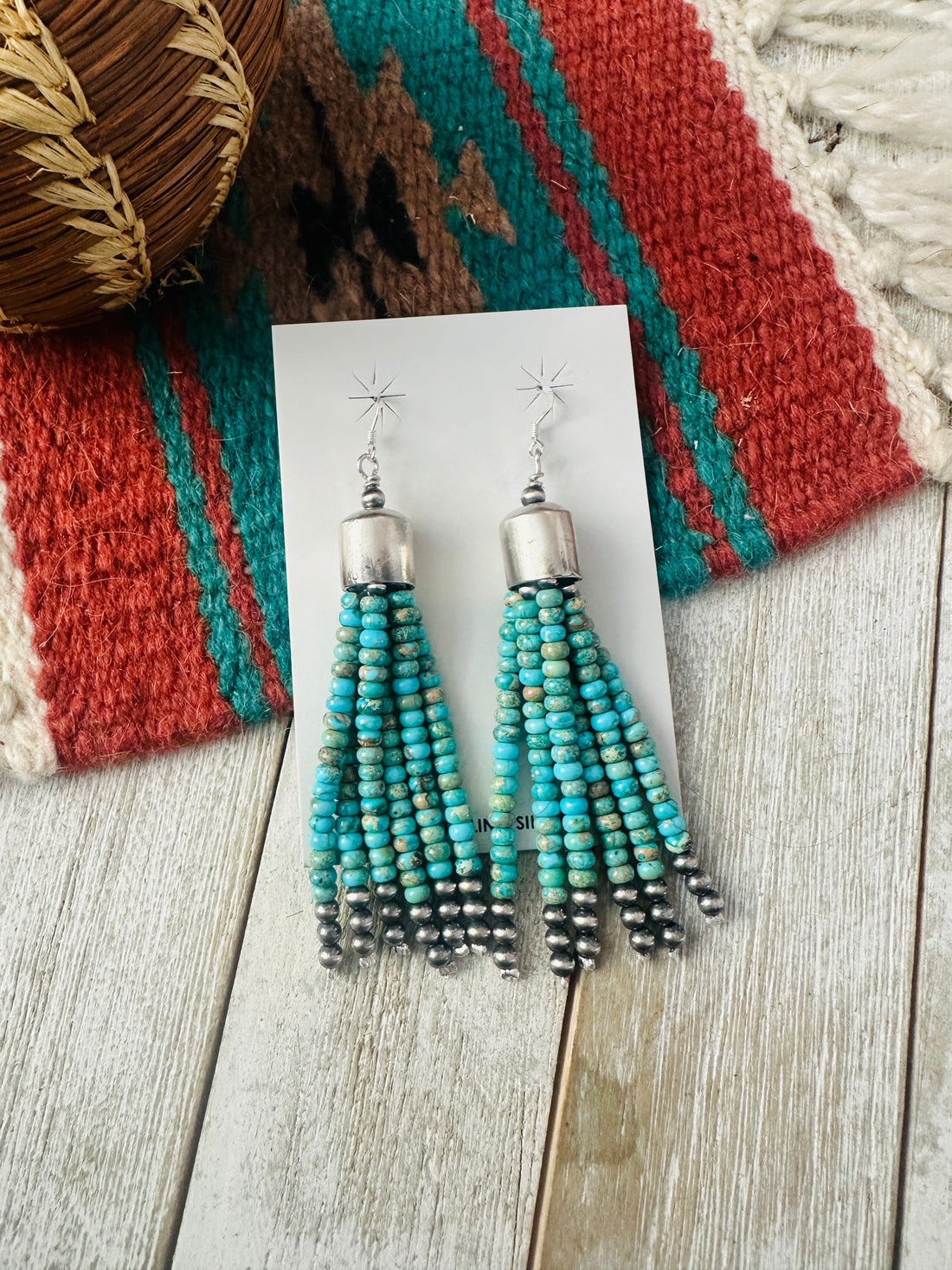 Handcrafted Turquoise & Sterling Silver Pearl Beaded Tassel Dangle Earrings